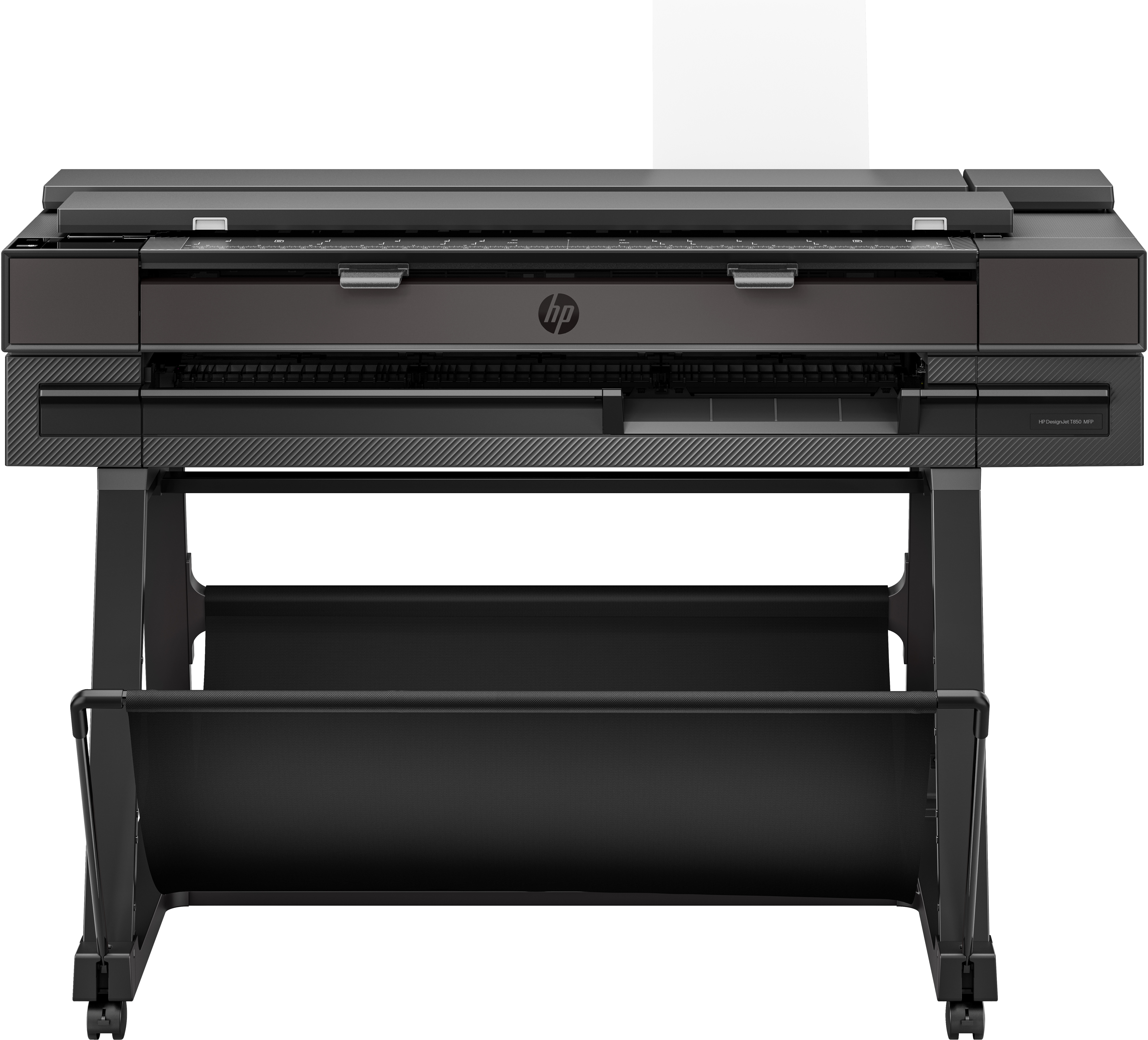 A black HP DesignJet T830 MFP large format printer, front view, with a paper catch basket below.
