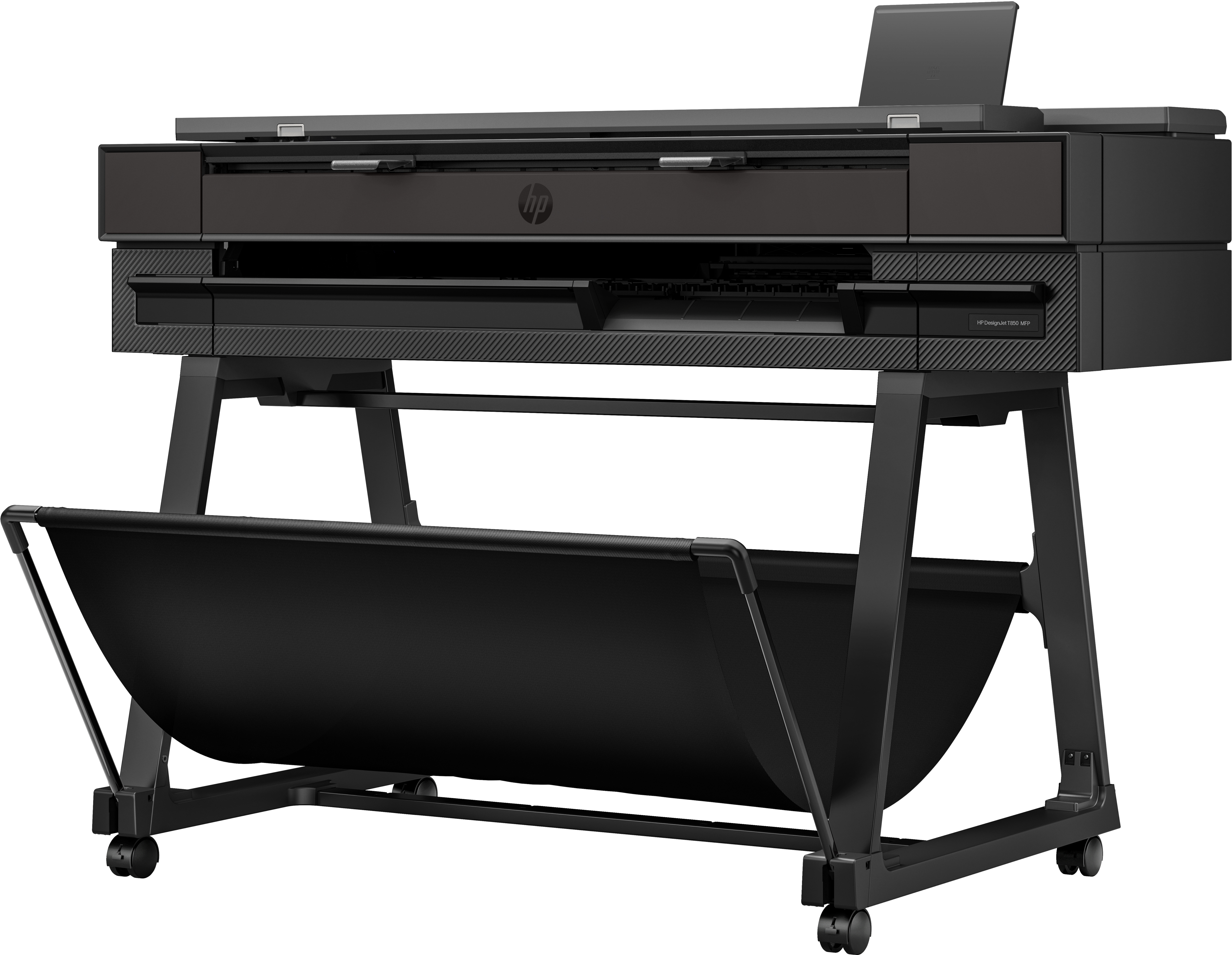 A black HP DesignJet T830 MFP large format printer on a stand, with a paper catch basket.