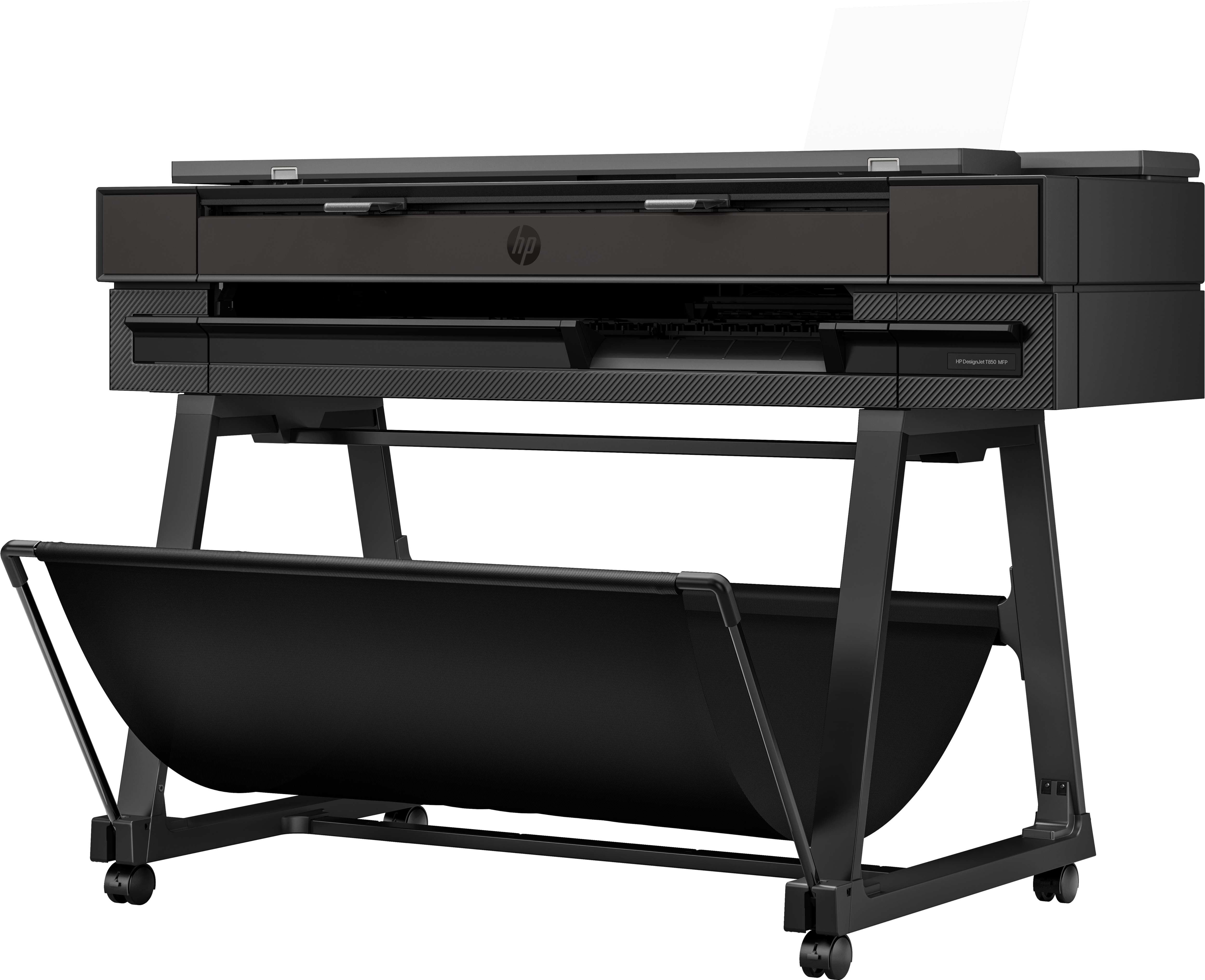 A black HP DesignJet T830 MFP large format printer on a stand, with a paper catch basket.