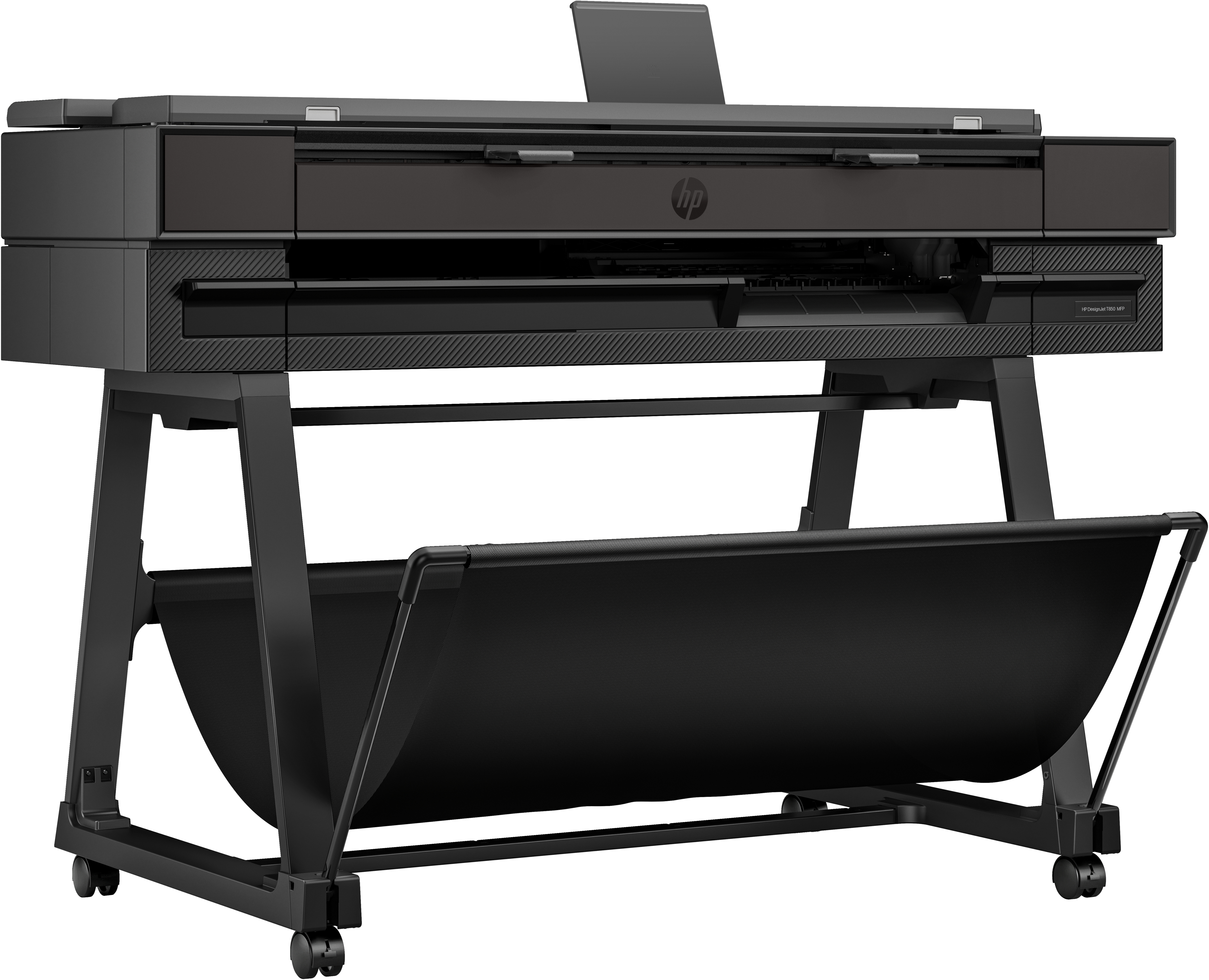 A black HP DesignJet T830 MFP large format printer on a stand, with a paper catch basket.