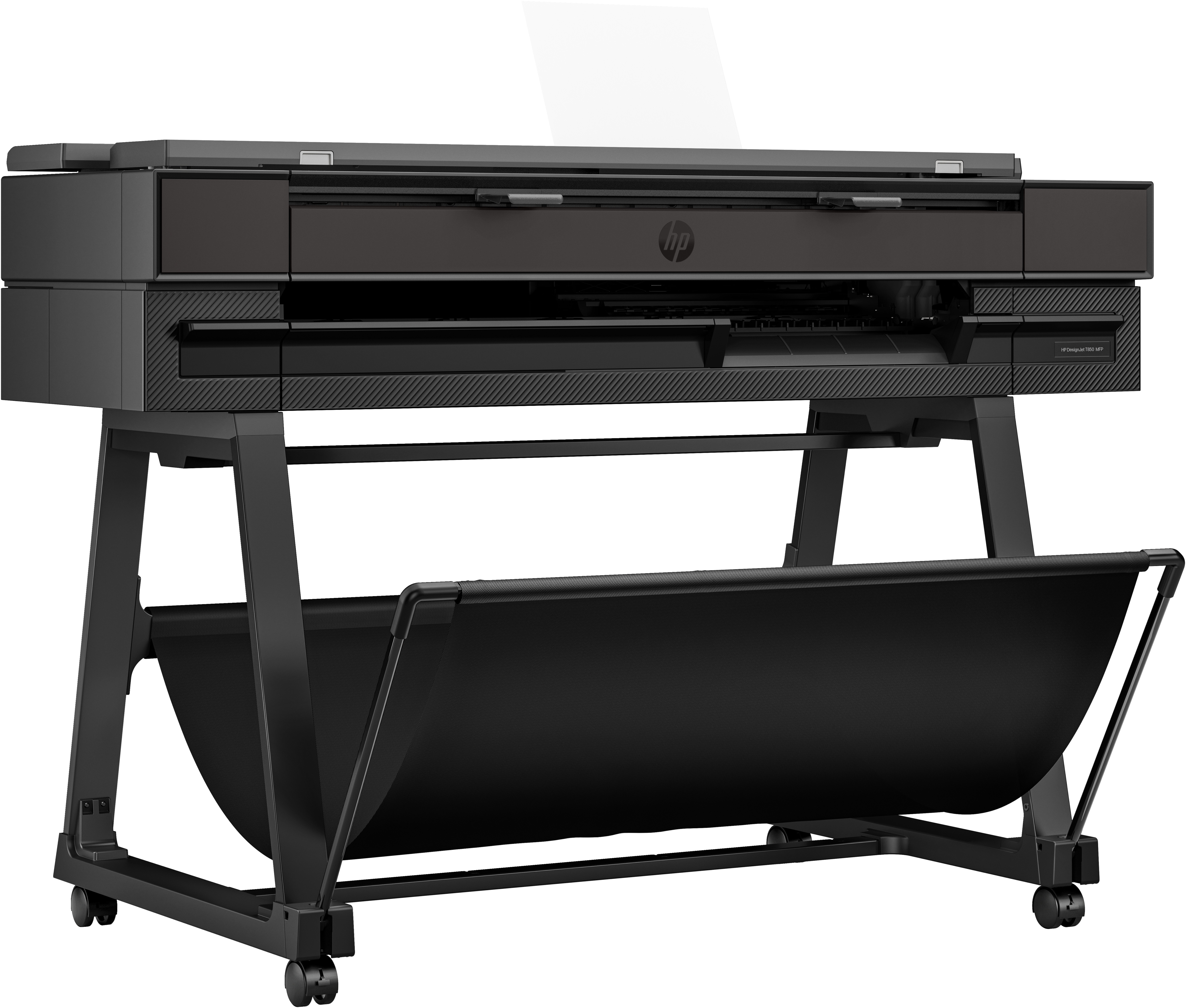 A black wide format printer on a stand. The printer has a paper catch basket below the printer.
