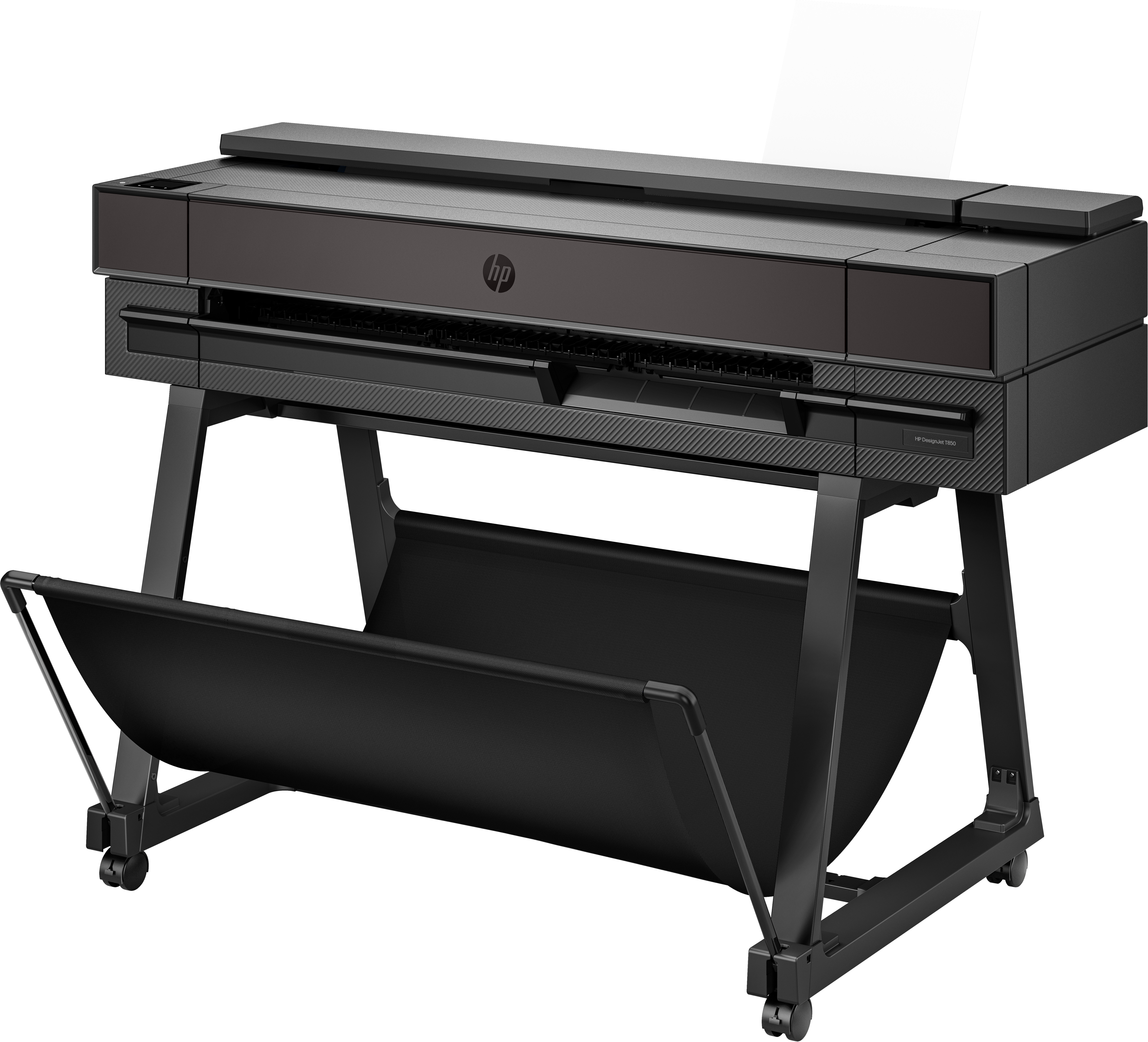 Czarna drukarka wielkoformatowa na stojaku. Drukarka posiada kosz na papier pod drukarką.