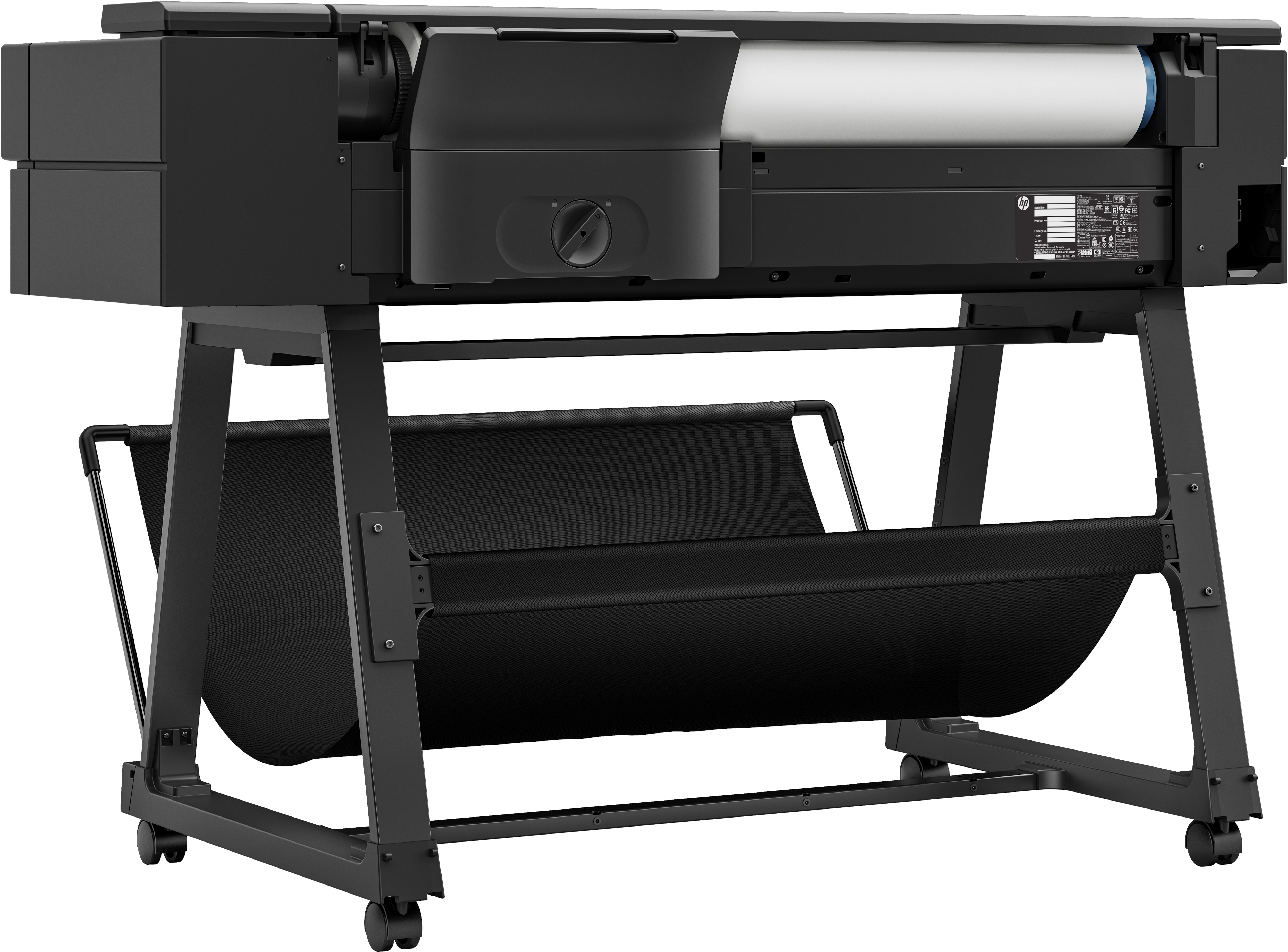 A black wide format printer on a stand. The printer has a paper catch basket below the printer.