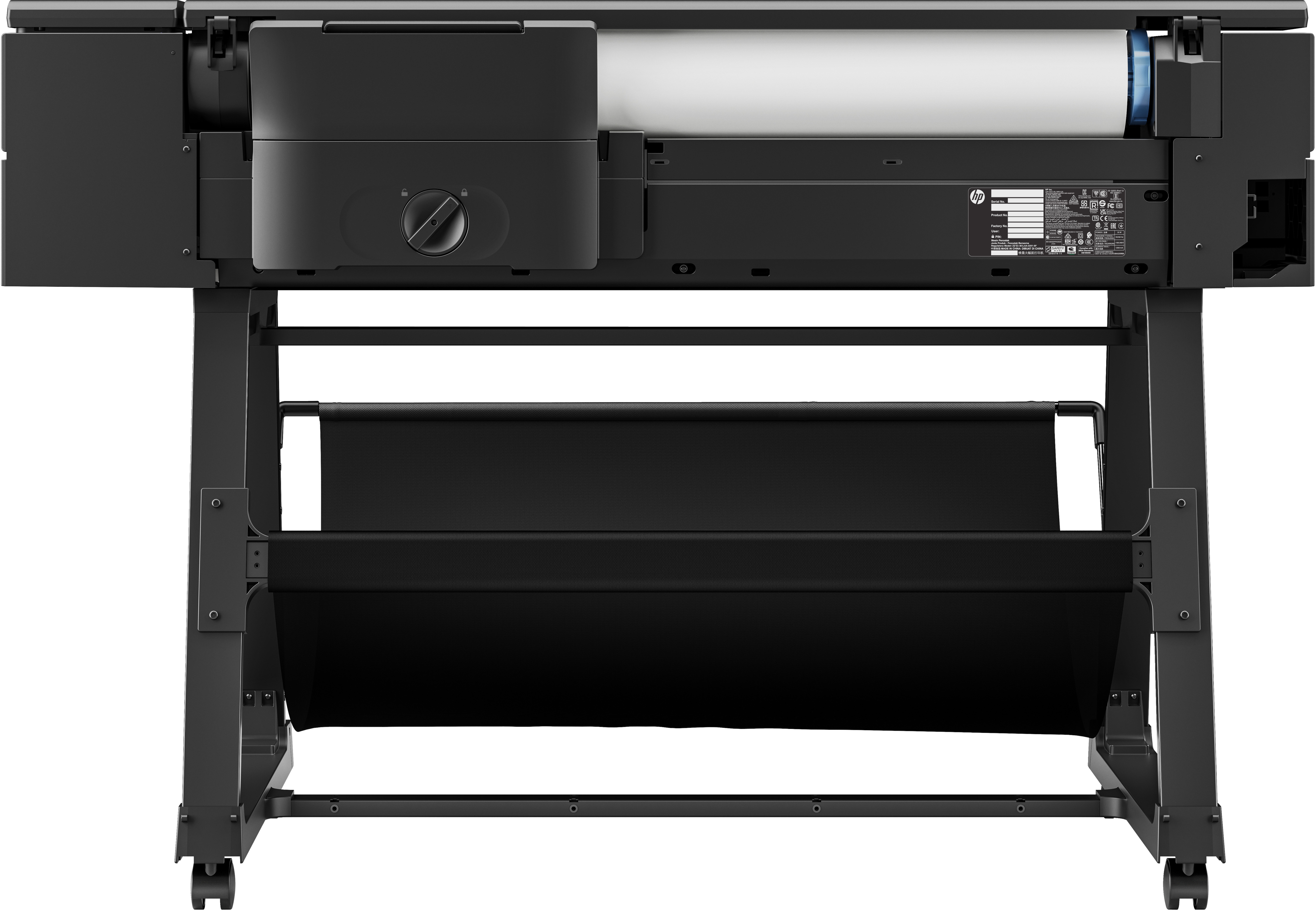 A black wide format printer on a stand. The printer has a paper catch basket below the printer.