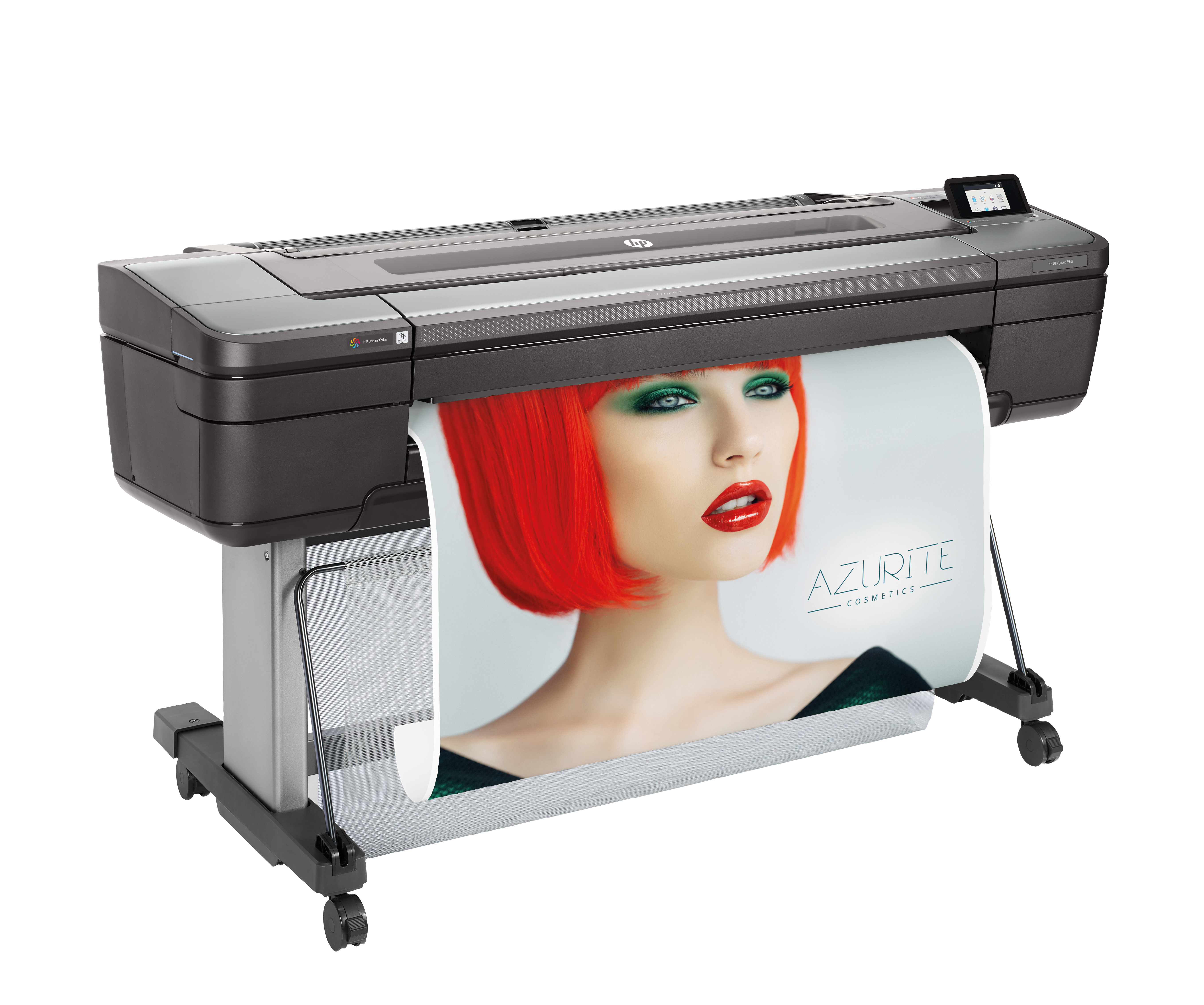 Een grijze grootformaatprinter print een poster van een vrouw met de tekst "Azurite Cosmetics".