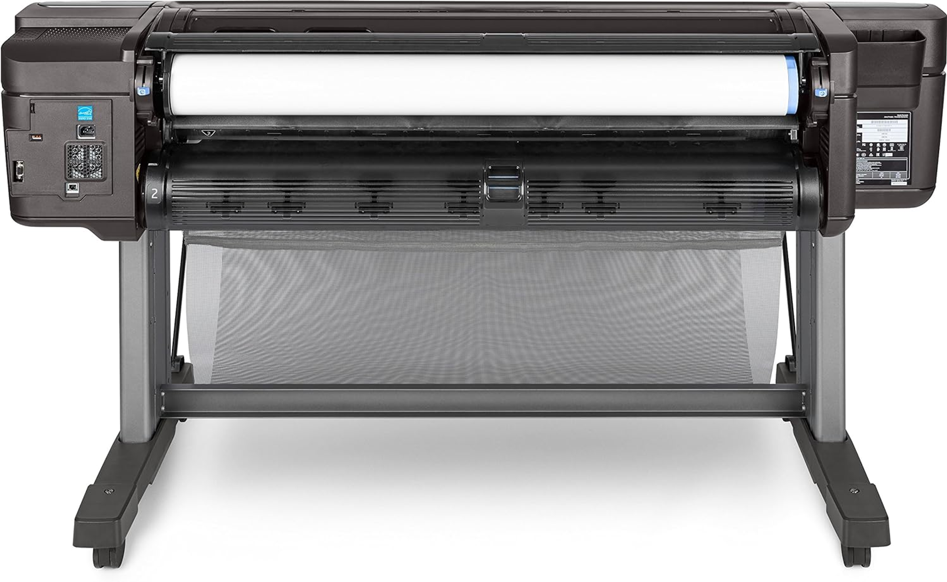 Een grootformaatprinter met papierrollen. De printer is donkergrijs met een lichtgrijze standaard.