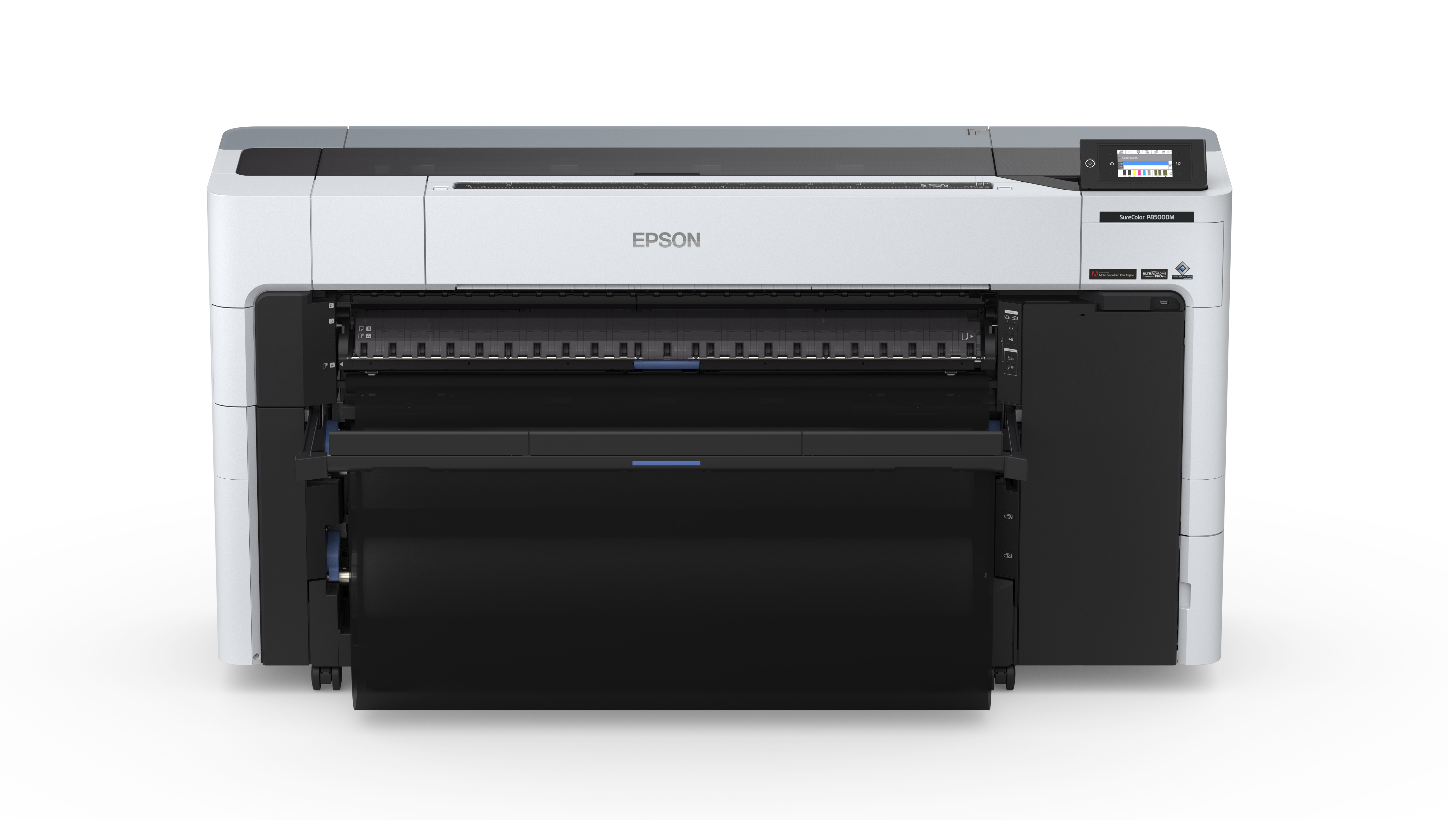 Ein weißer und schwarzer Epson Drucker wird mit einem dunklen Blatt Papier gezeigt, das teilweise ausgefahren ist.