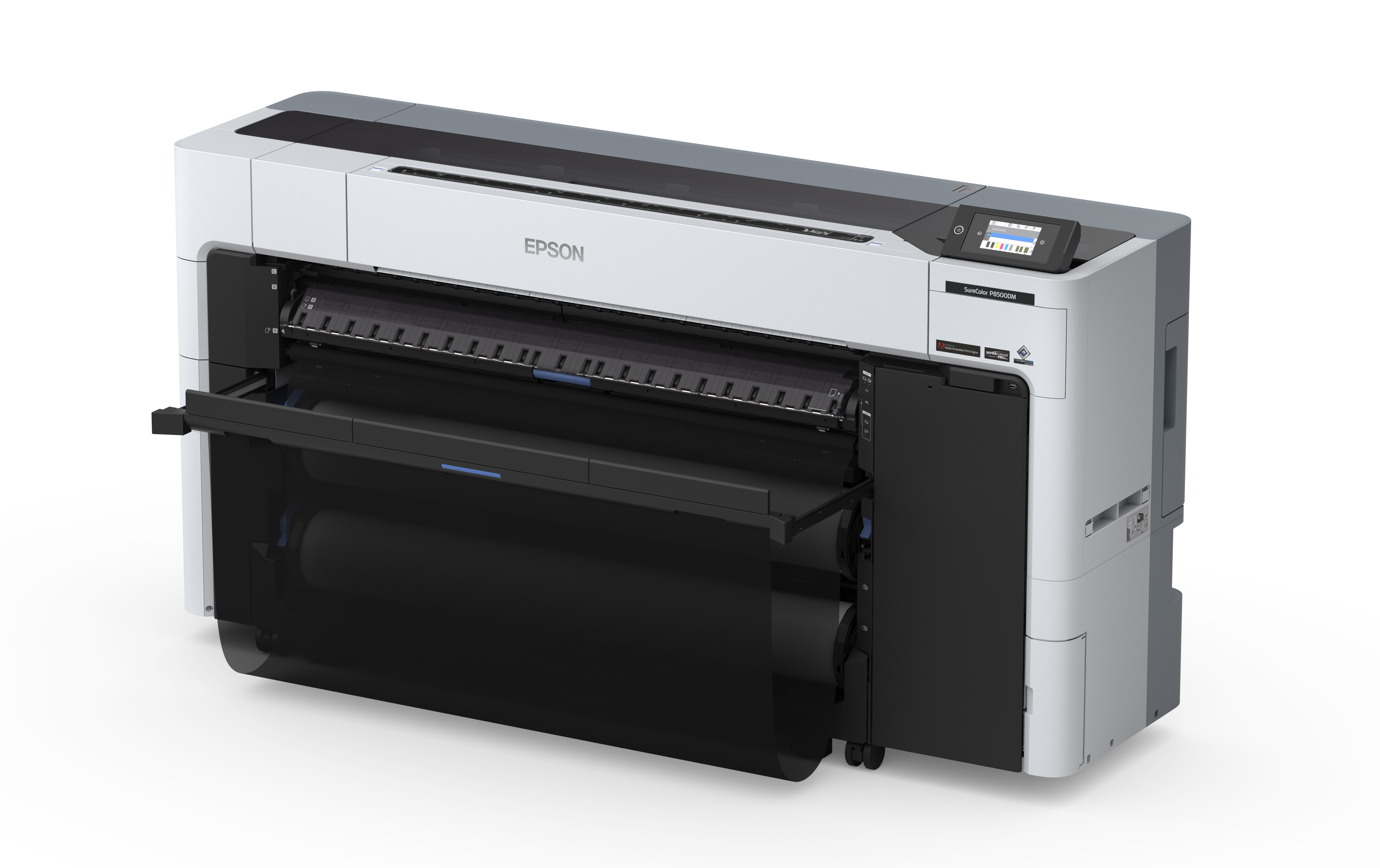 Ein weißer und grauer Epson Drucker wird mit einem dunklen Blatt Papier gezeigt, das teilweise ausgefahren ist.