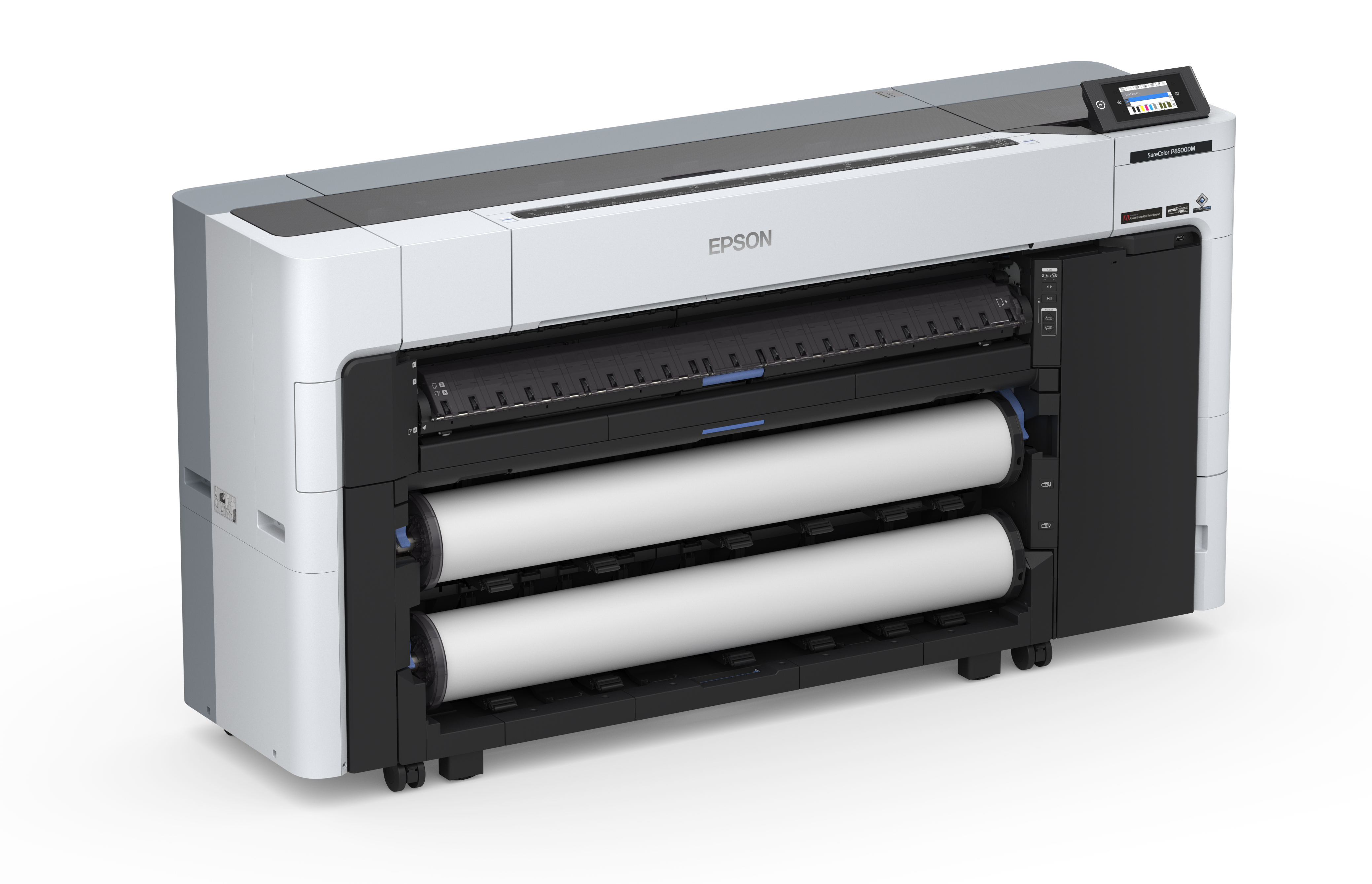 Ein weißer und grauer Epson Drucker verfügt über zwei Papierrollen für umfangreiche Druckaufgaben.