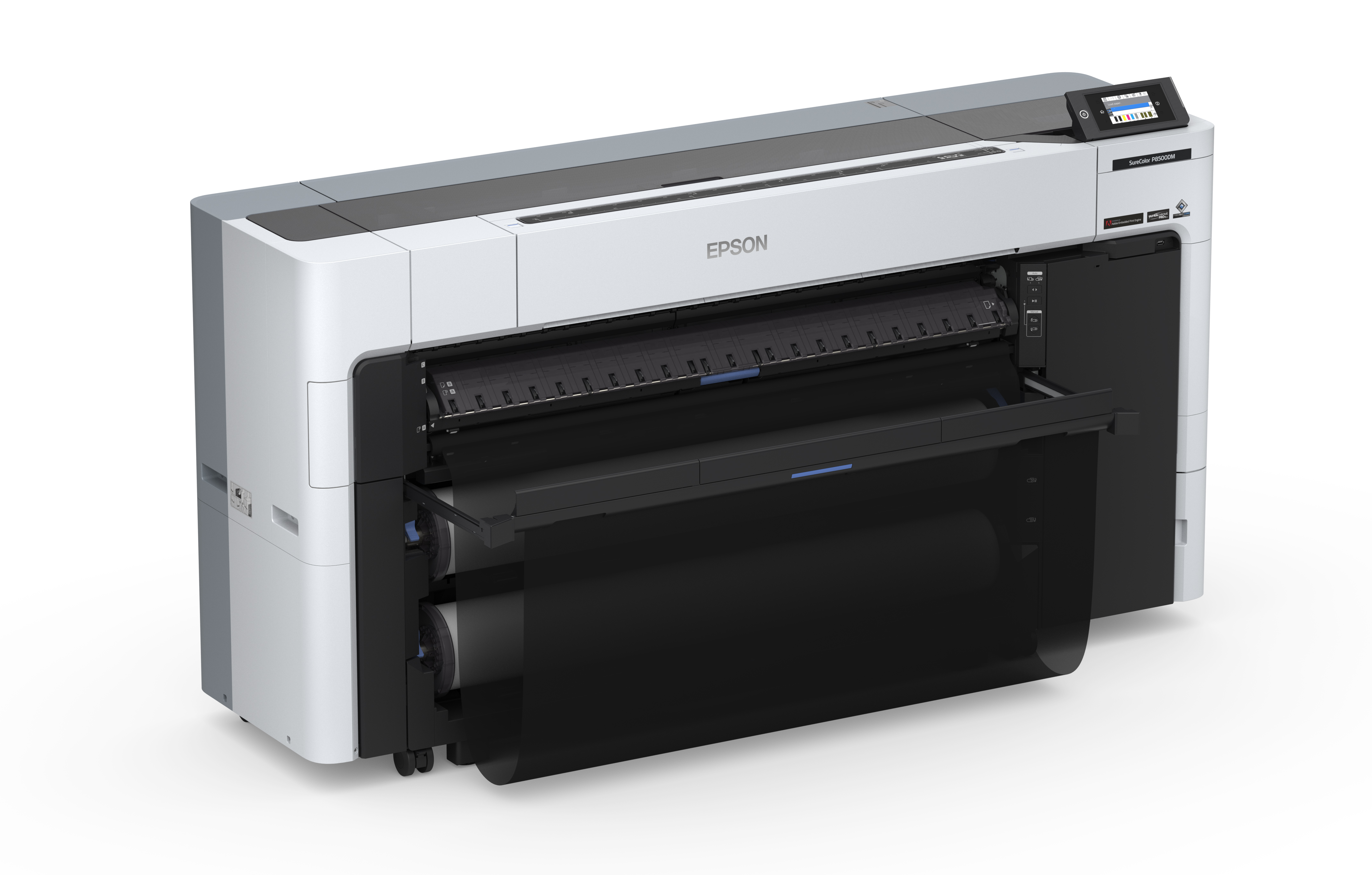 Ein weißer und grauer Epson Drucker wird mit einem dunklen Blatt Papier gezeigt, das teilweise ausgefahren ist.