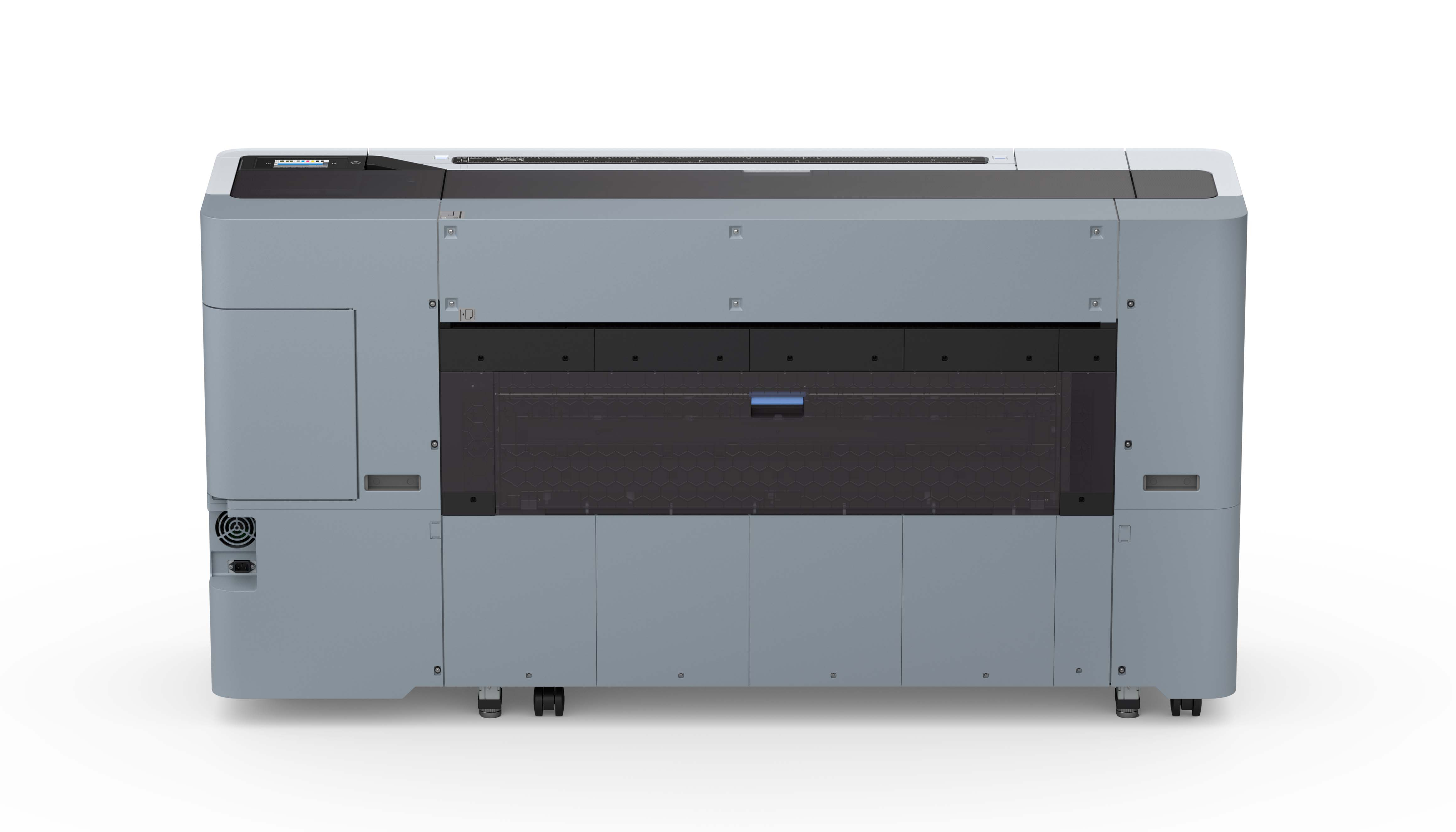 Ein grauer Epson Drucker zeigt seine Rückseite mit einem dunklen Blatt Papier, das teilweise ausgefahren ist.