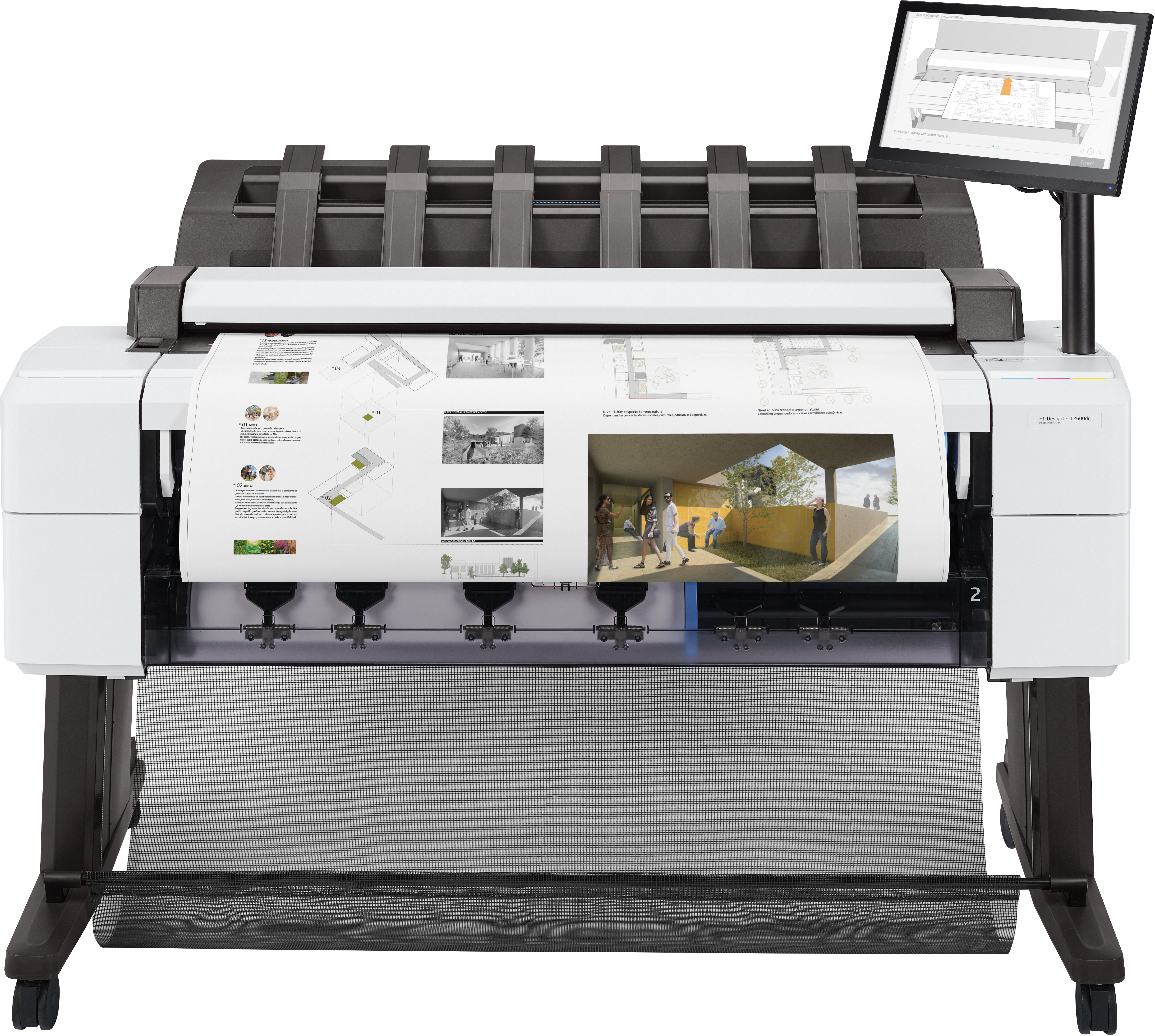 Een grote witte en grijze printer met een scherm dat architectuurplannen print. Het heeft een zwarte opvangbak.
