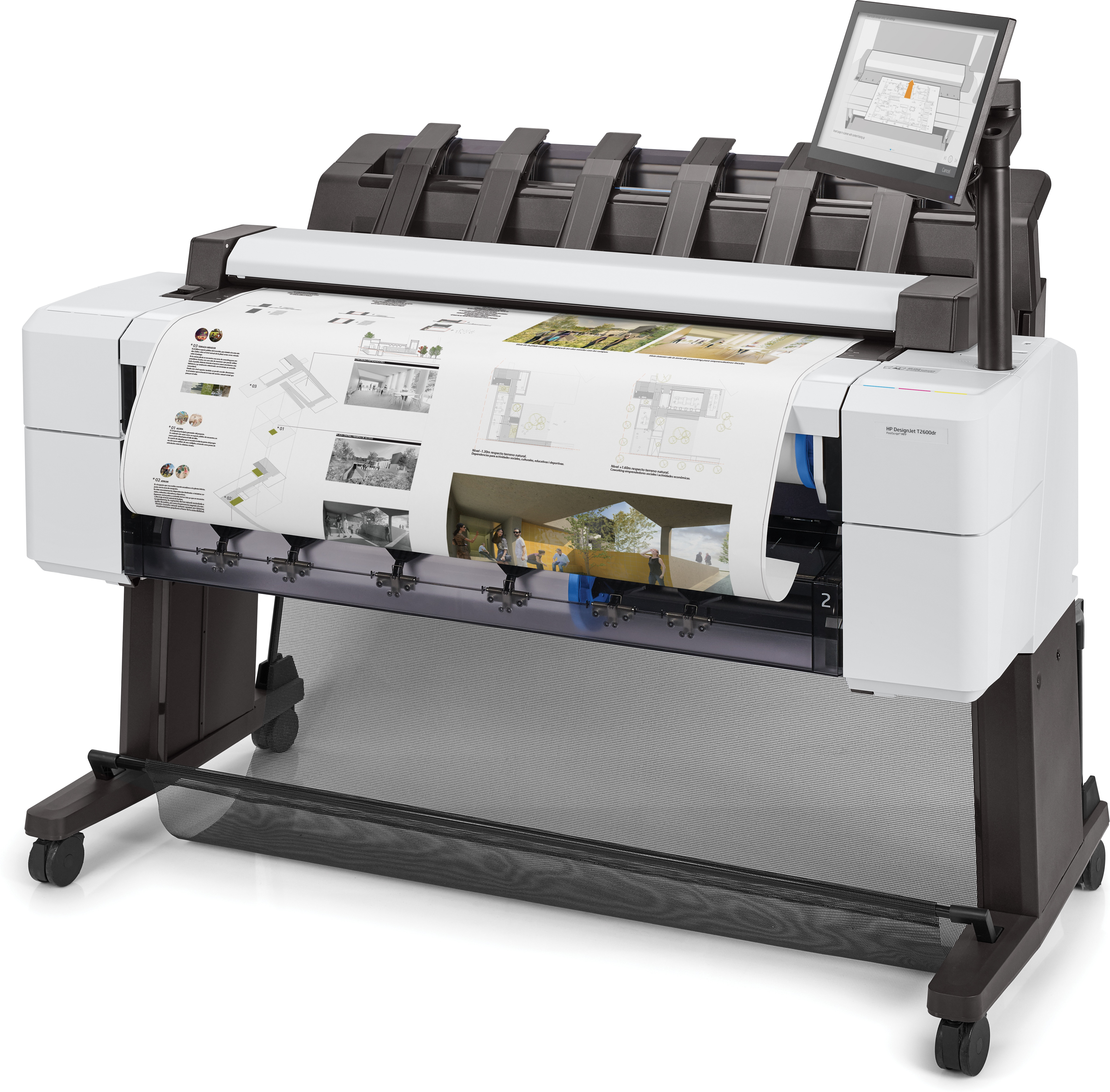 Een witte en grijze grootformaatprinter print architectuurplannen op een lange rol papier.