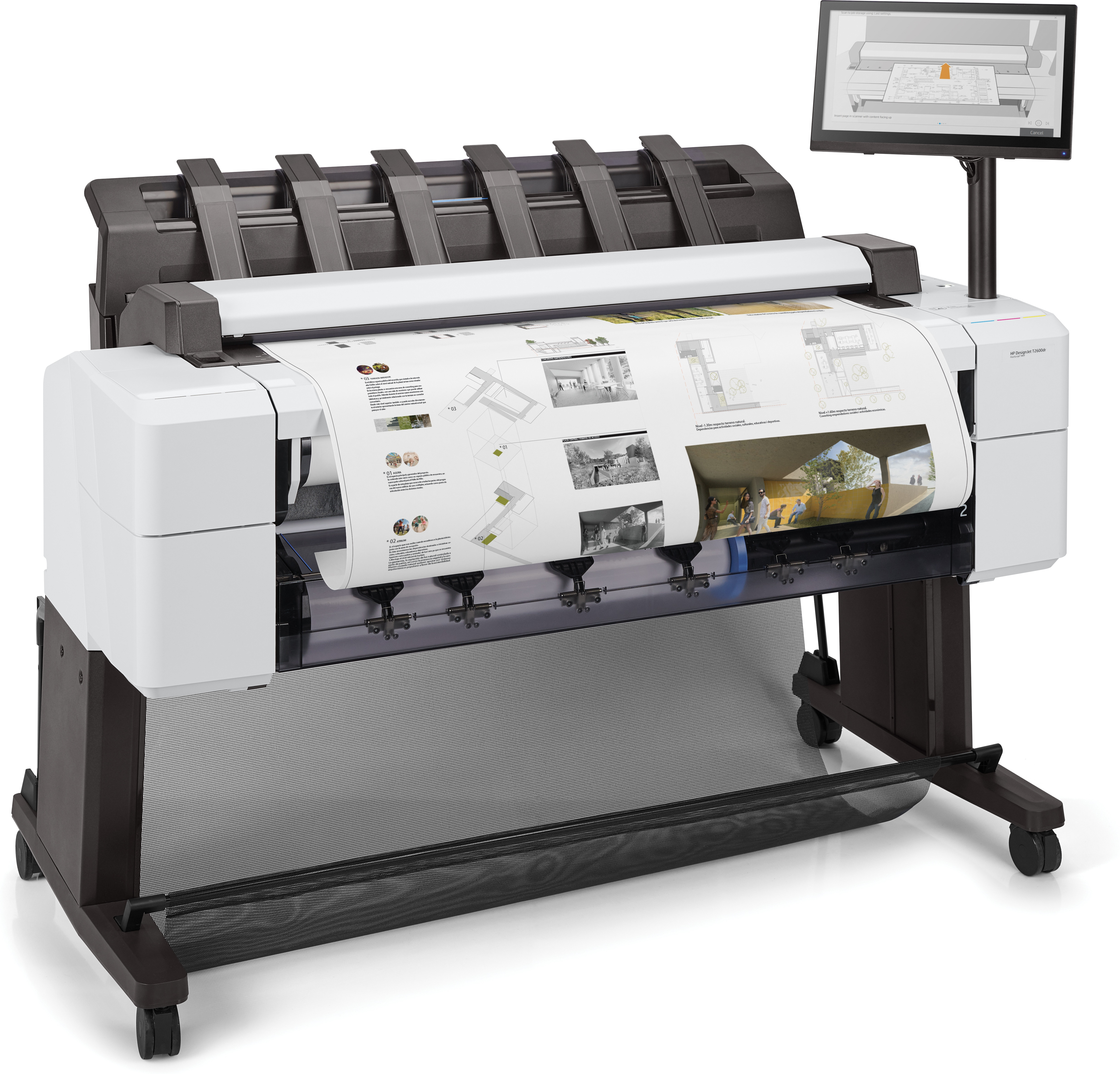 Een witte en grijze grootformaatprinter met een scherm print op een lange rol papier.