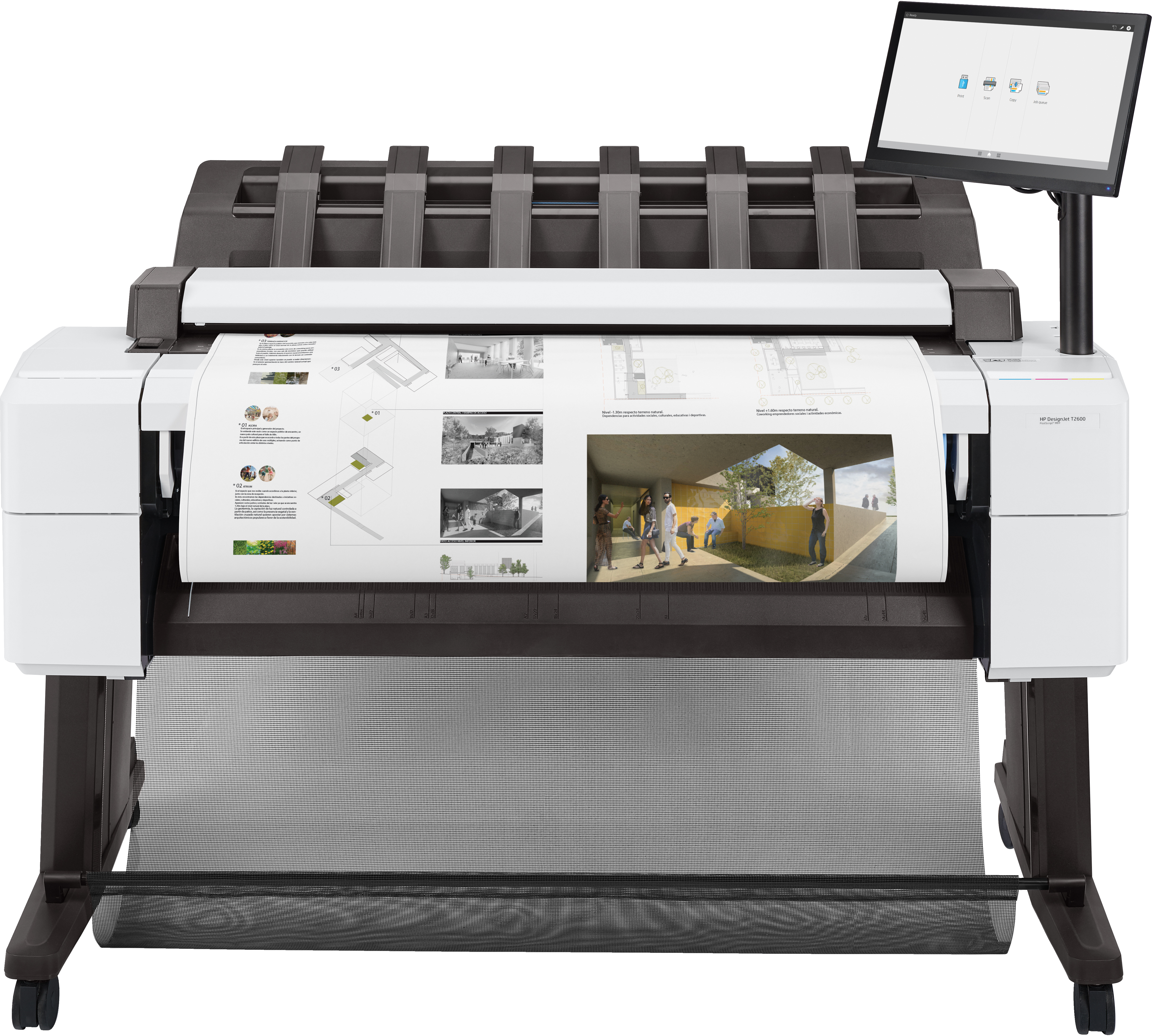 Een grote witte en grijze printer met een scherm dat architectuurplannen print. Zwarte opvangbak eronder.