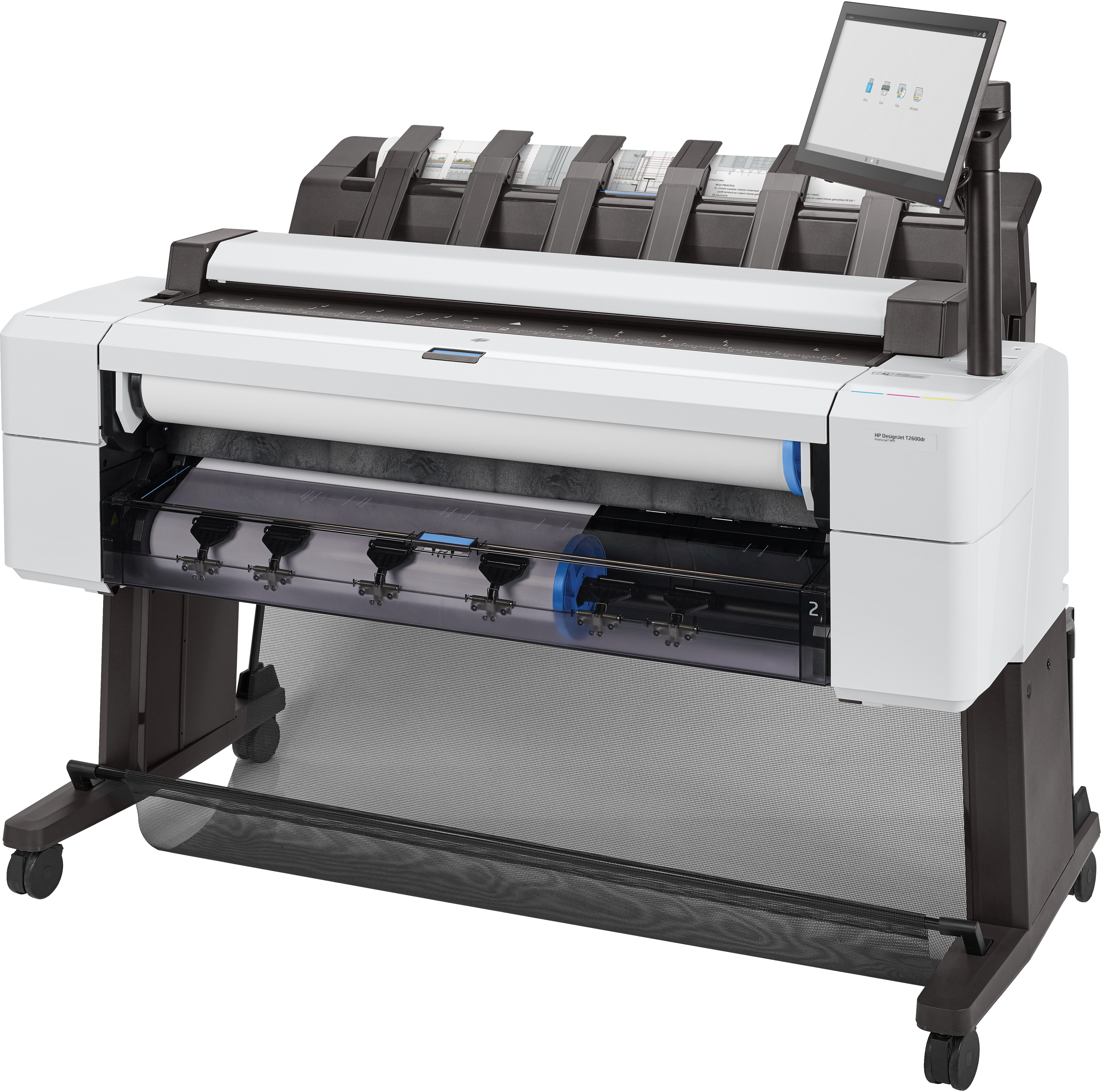 Een witte en grijze printer met een scherm en een rol papier. Zwarte opvangbak eronder.