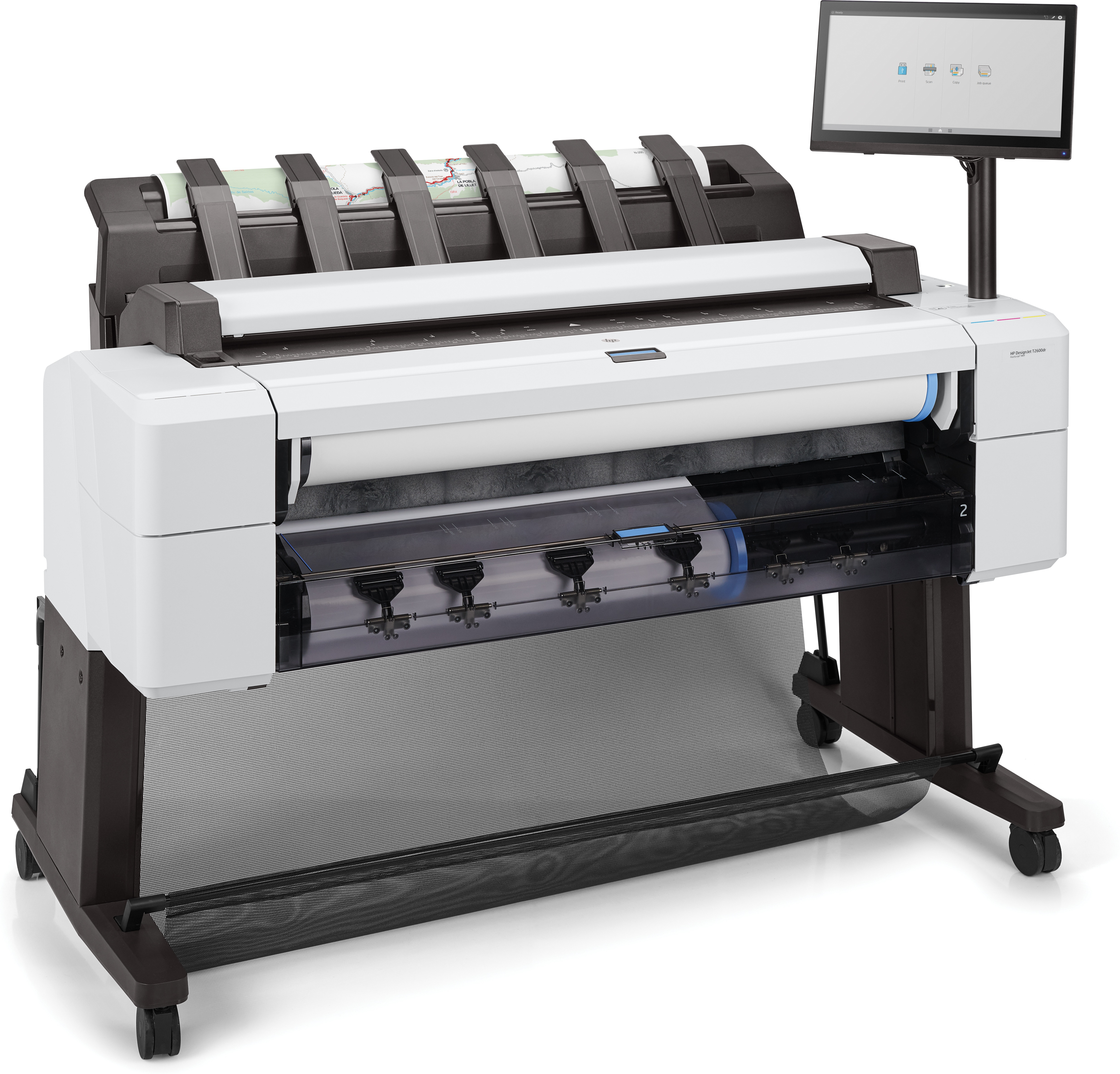 Een witte en grijze printer met een scherm en een rol papier die een kaart print. Zwarte opvangbak eronder.