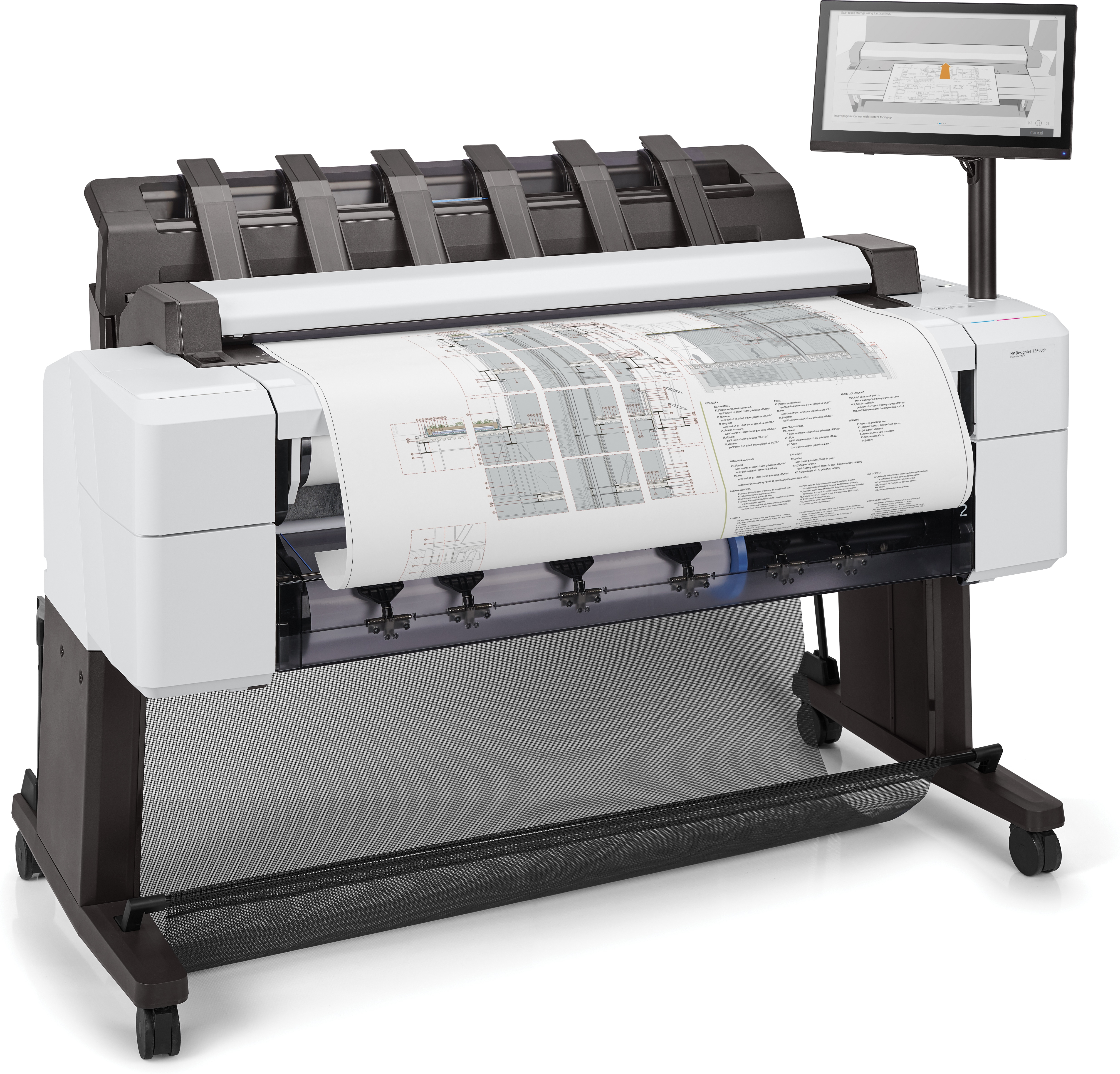 Een witte en grijze printer met een scherm en een rol papier die architectuurplannen print. Zwarte bak eronder.