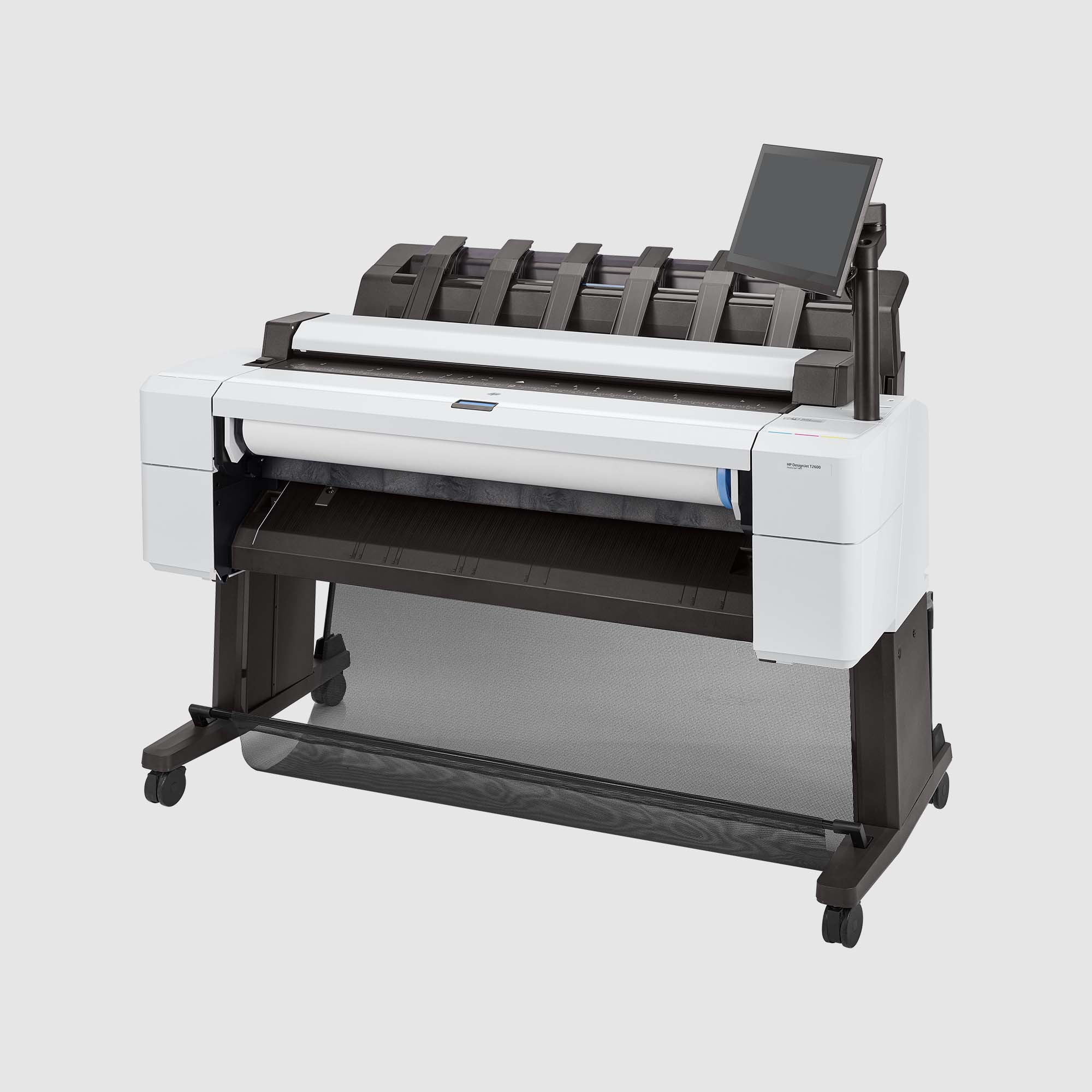 Een witte en grijze printer met een scherm en een rol papier. Zwarte opvangbak eronder.