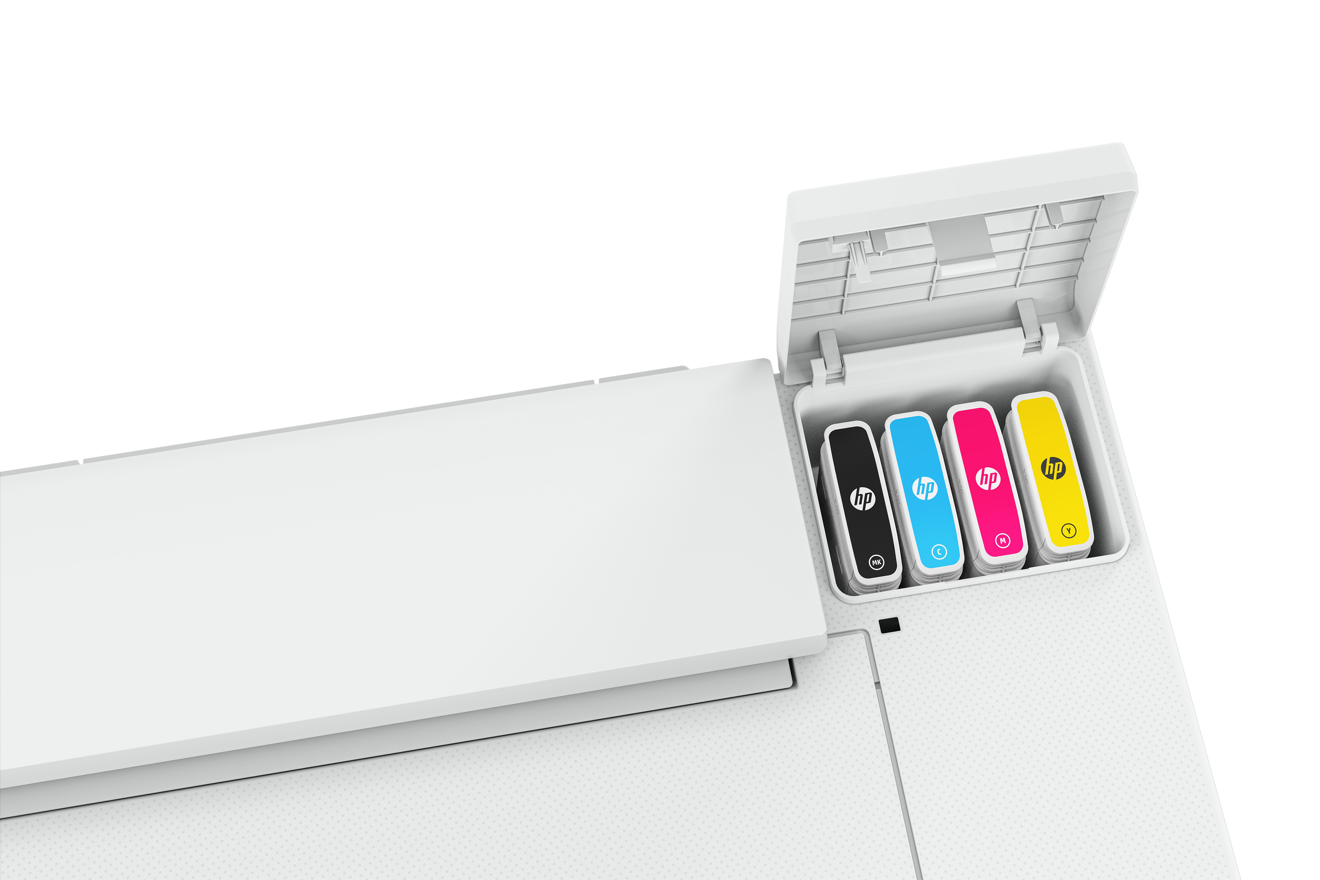 A printer with an open ink cartridge bay, showing the black, cyan, magenta, and yellow cartridges.