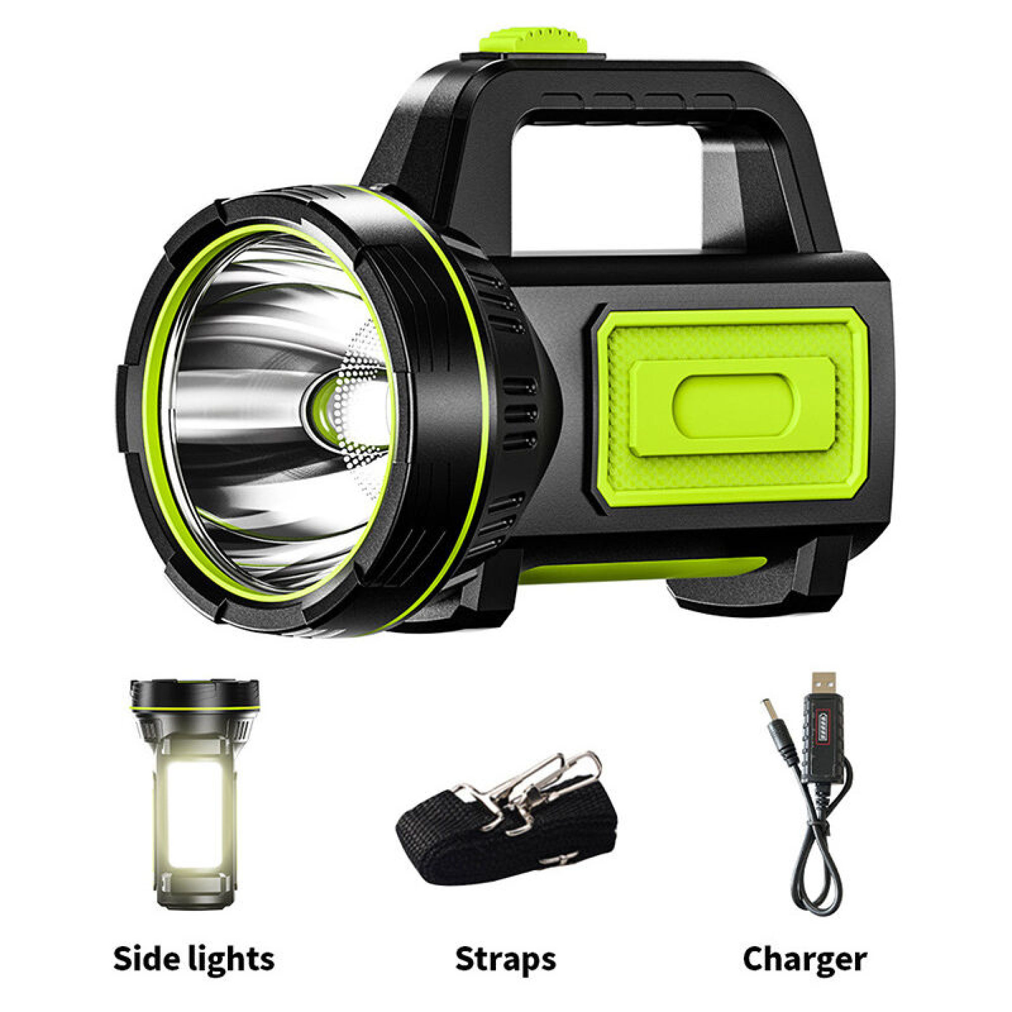 Eine schwarze und grüne Taschenlampe mit Seitenlichtern, Gurten und einem Ladegerät auf weißem Hintergrund.