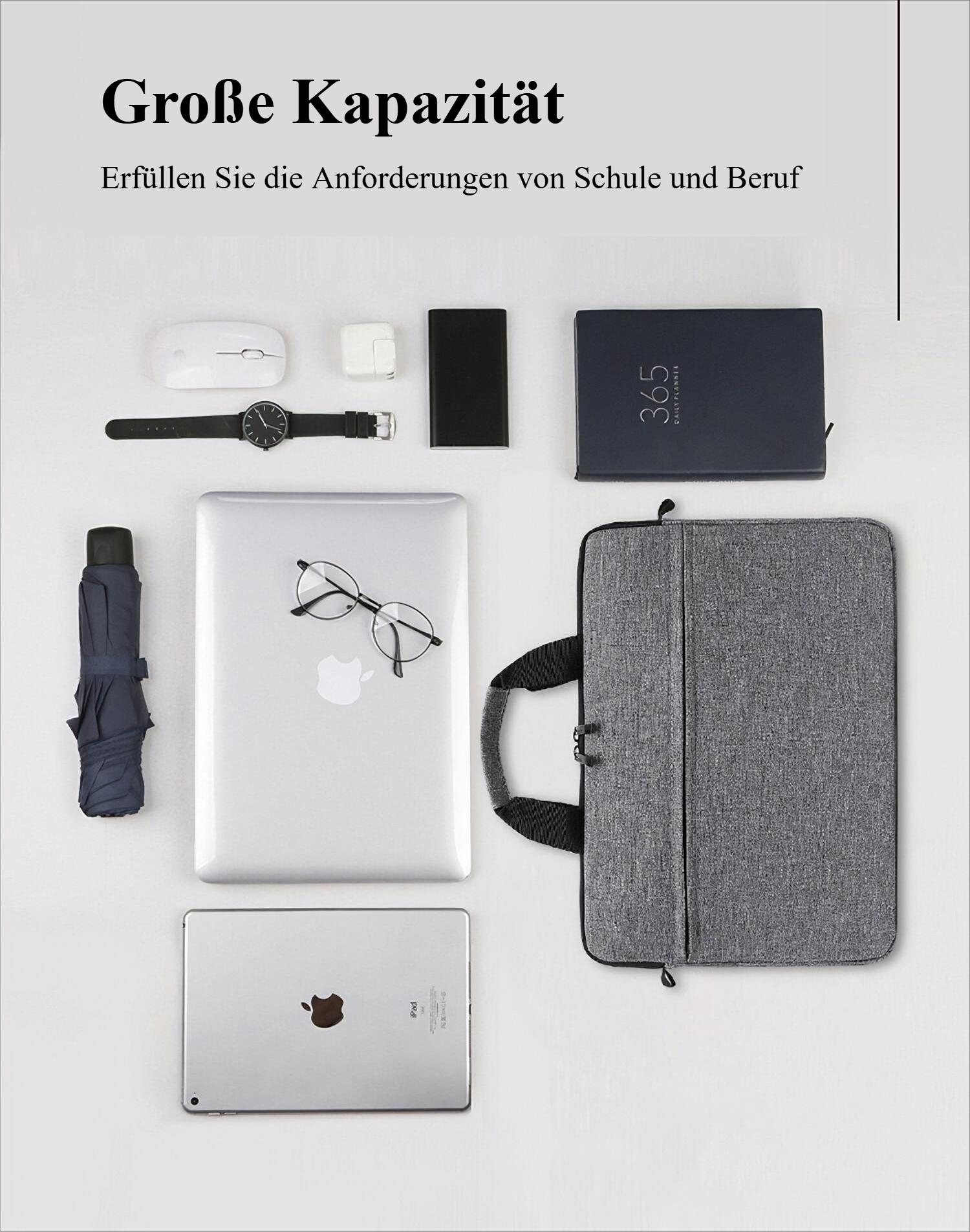 Eine flache Lage von Laptop, Tablet, Brille, Uhr, Regenschirm und Hülle auf Weiß.