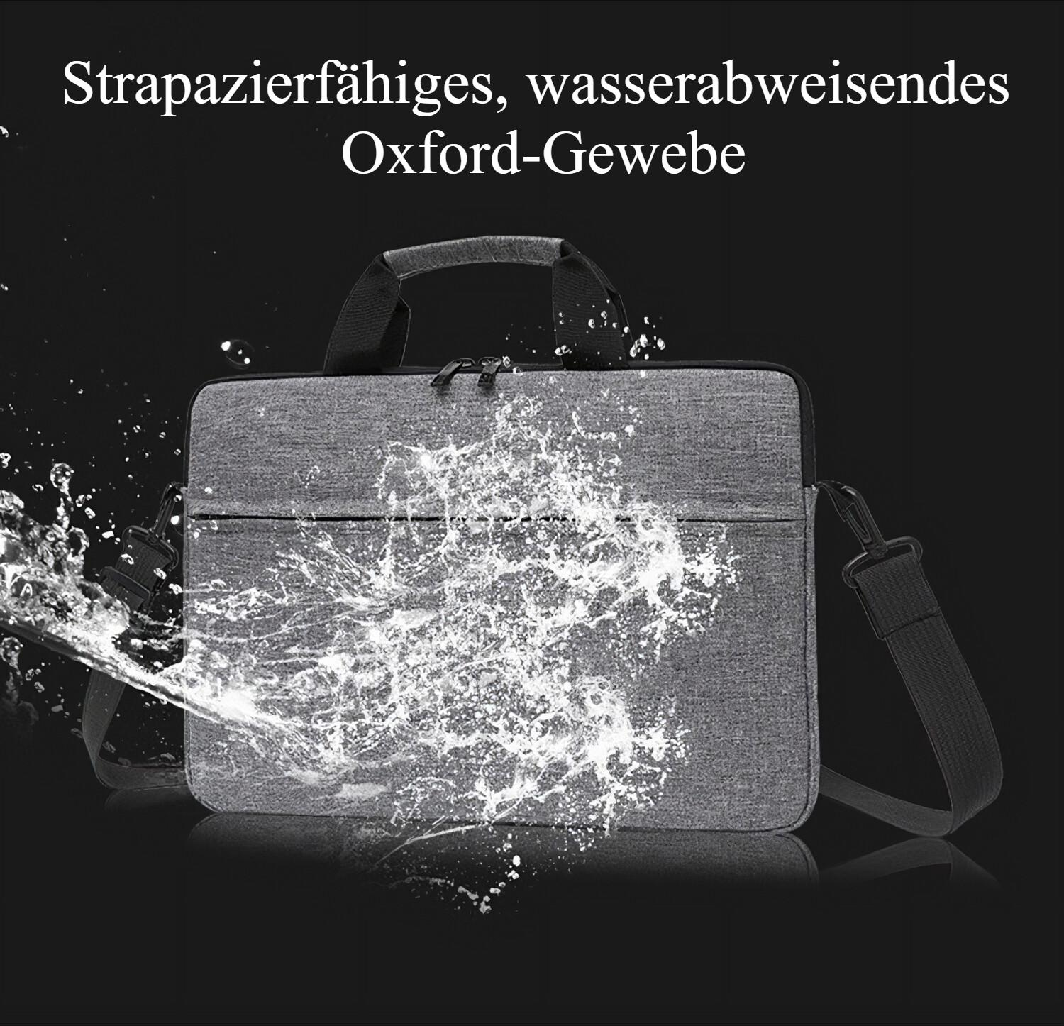 Eine graue Laptoptasche, gegen die Wasser spritzt, was die Wasserbeständigkeit demonstriert.