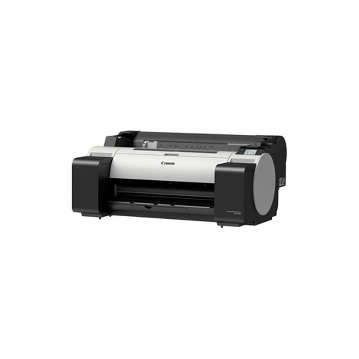 Una stampante per grandi formati Canon in bianco e nero è centrata su uno sfondo bianco.