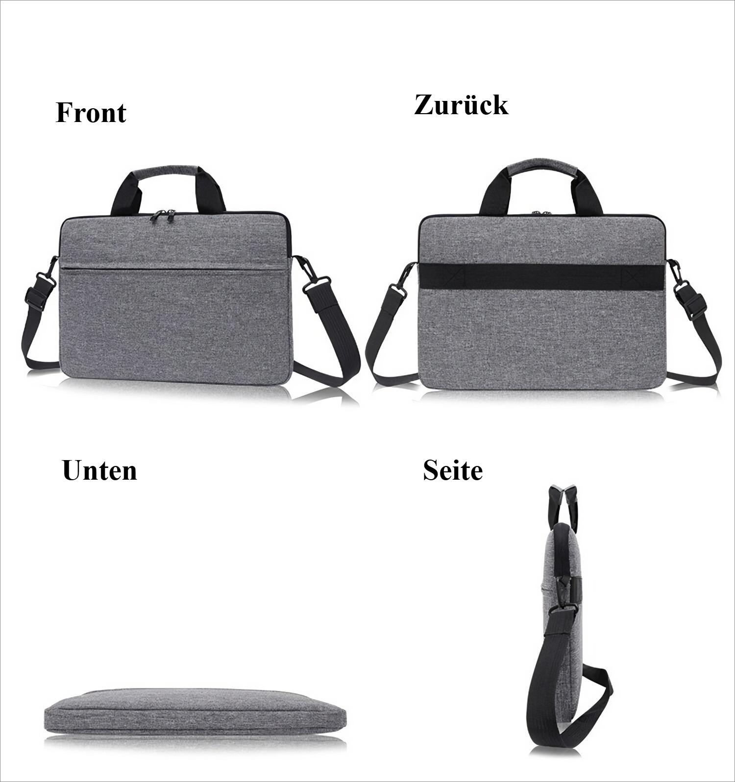 Collage mit vier Ansichten einer grauen Laptoptasche: Vorderseite, Rückseite, Unterseite und Seite mit Riemen.