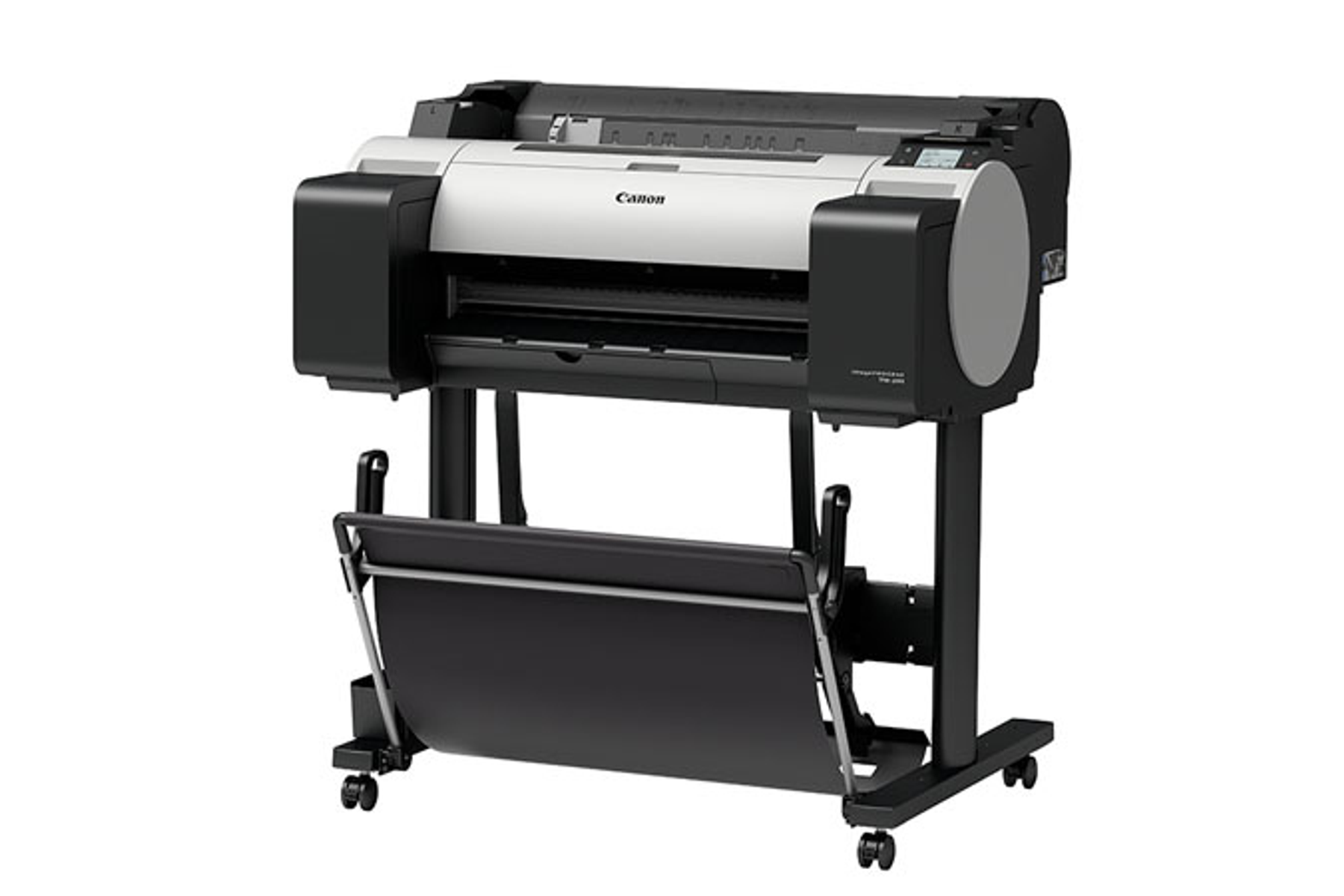 Una stampante Canon TM-205, in bianco e nero, è mostrata su uno sfondo bianco con un supporto.