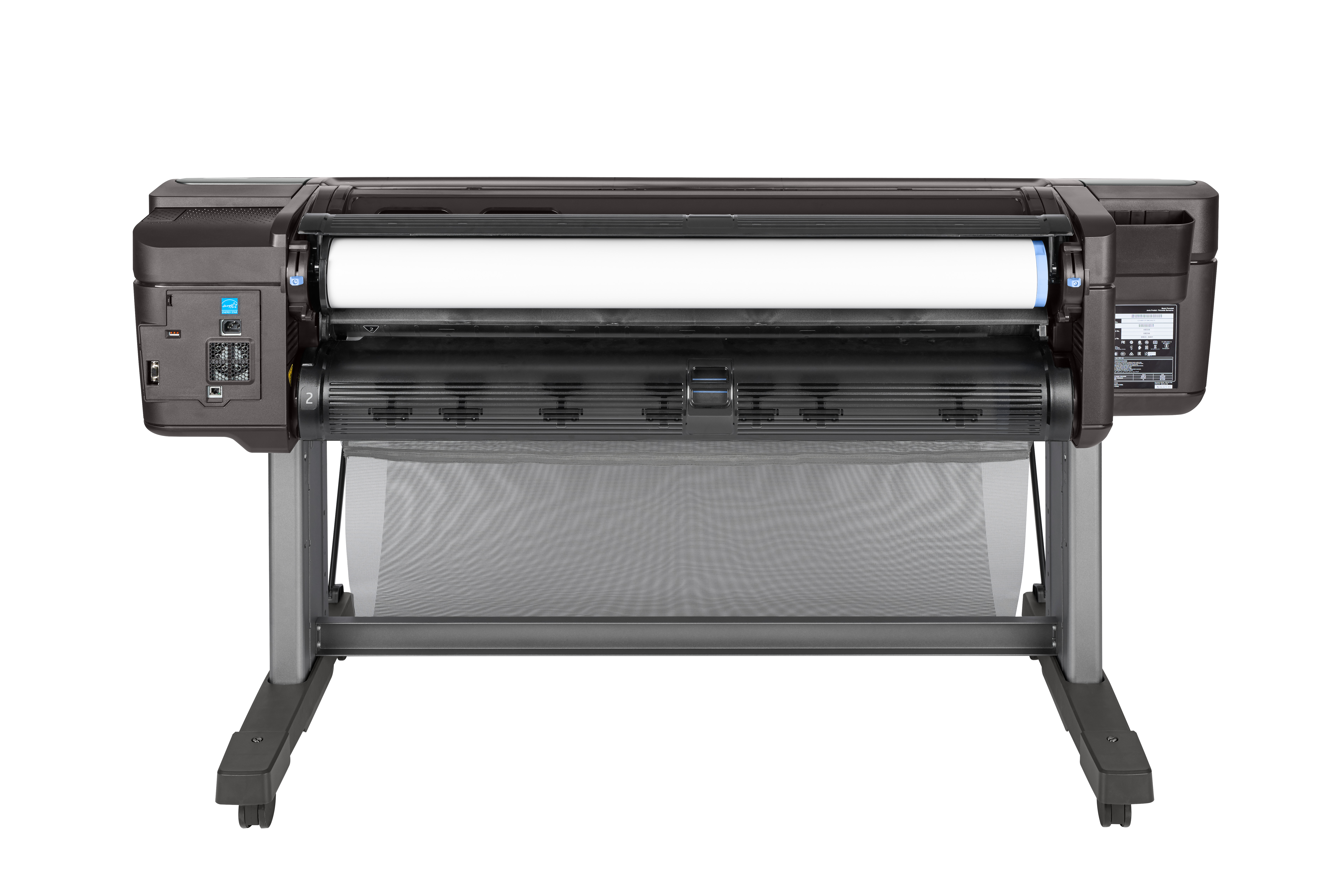 Een grijze HP DesignJet printer is van voren te zien, met papier geladen en klaar om te printen, tegen een witte achtergrond.