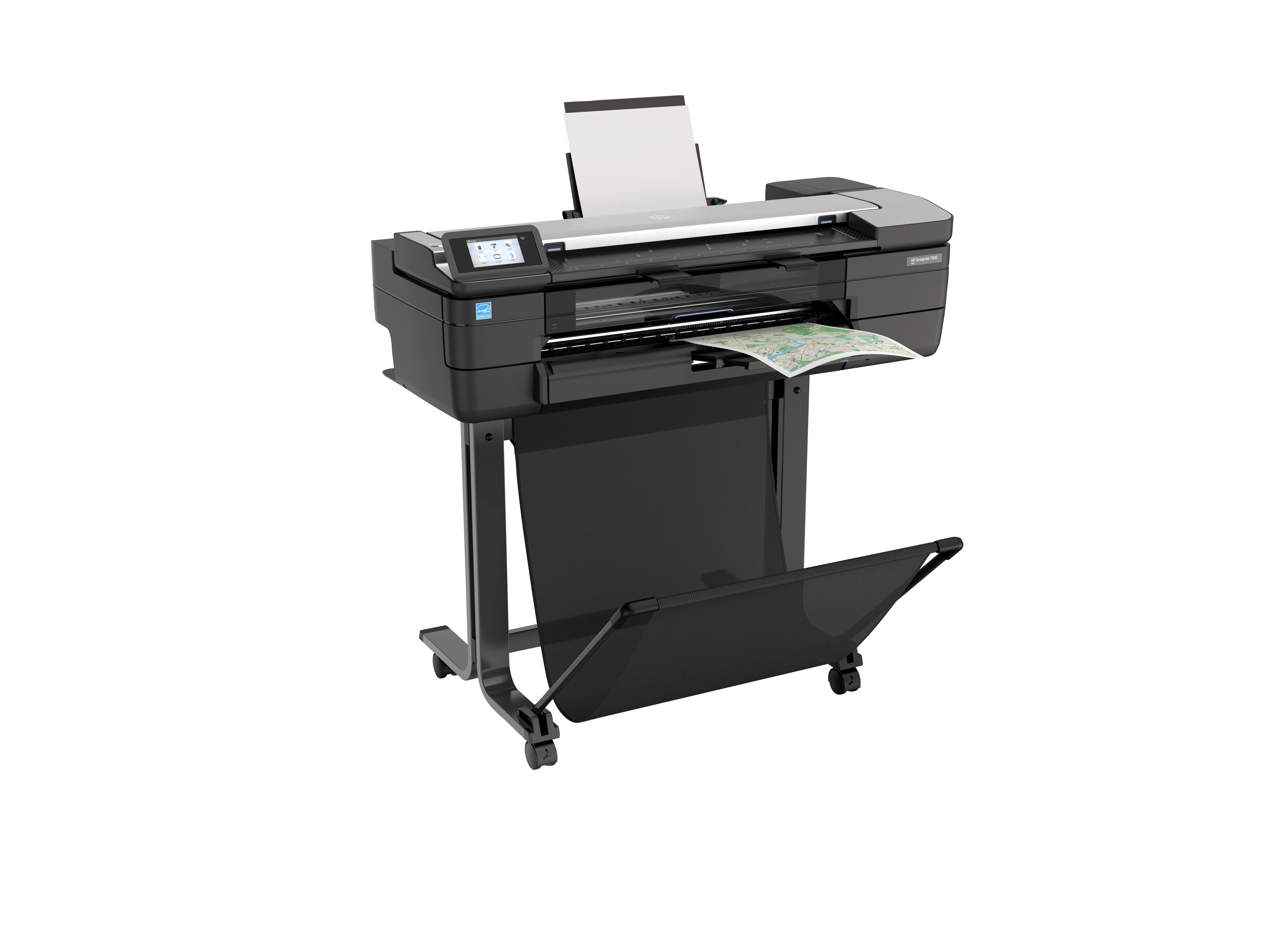 Una stampante HP DesignJet grigia è mostrata con una mappa stampata in uscita, su uno sfondo bianco semplice.