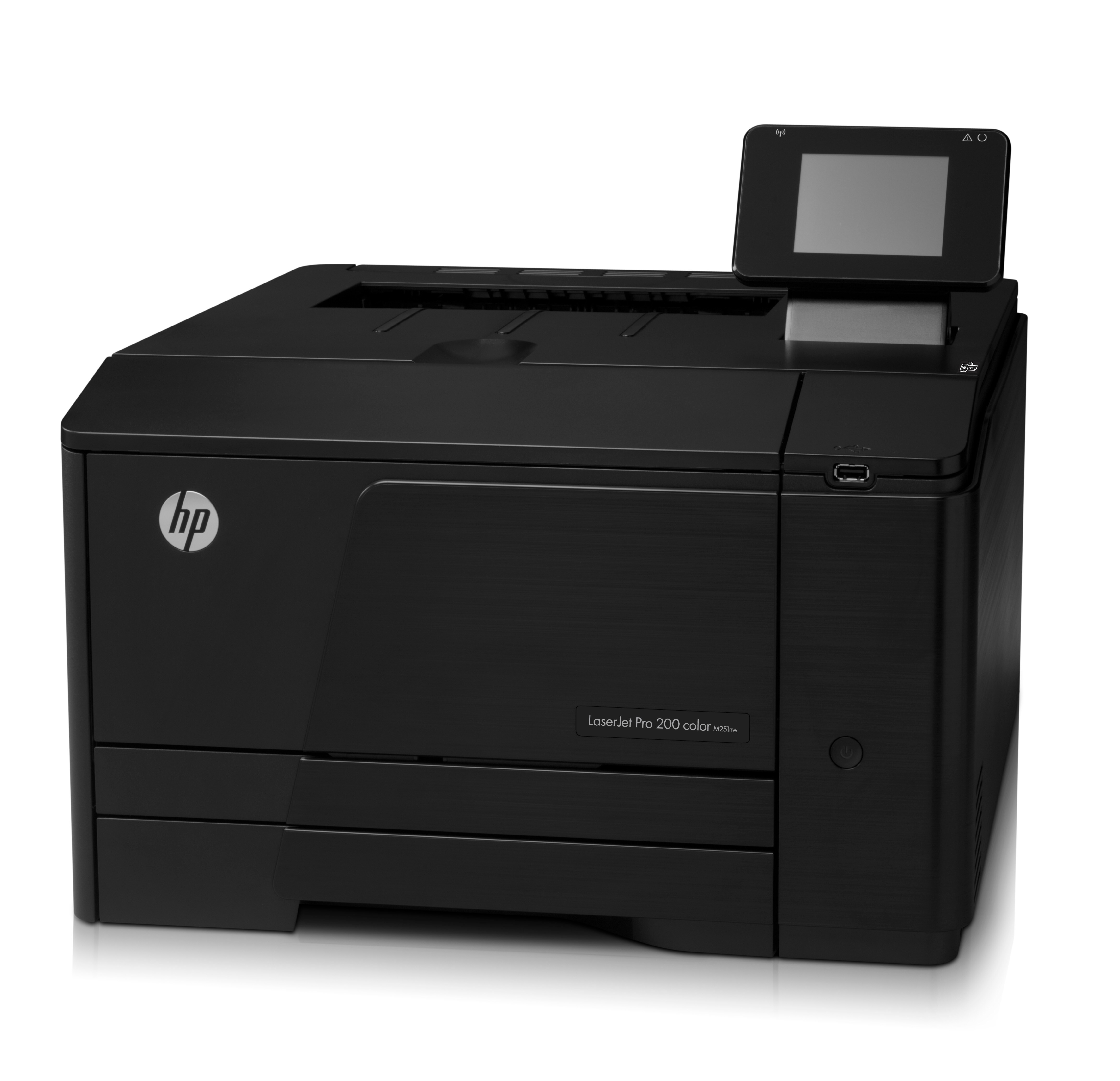 Stampante HP nera con schermo. Logo HP visibile a sinistra.