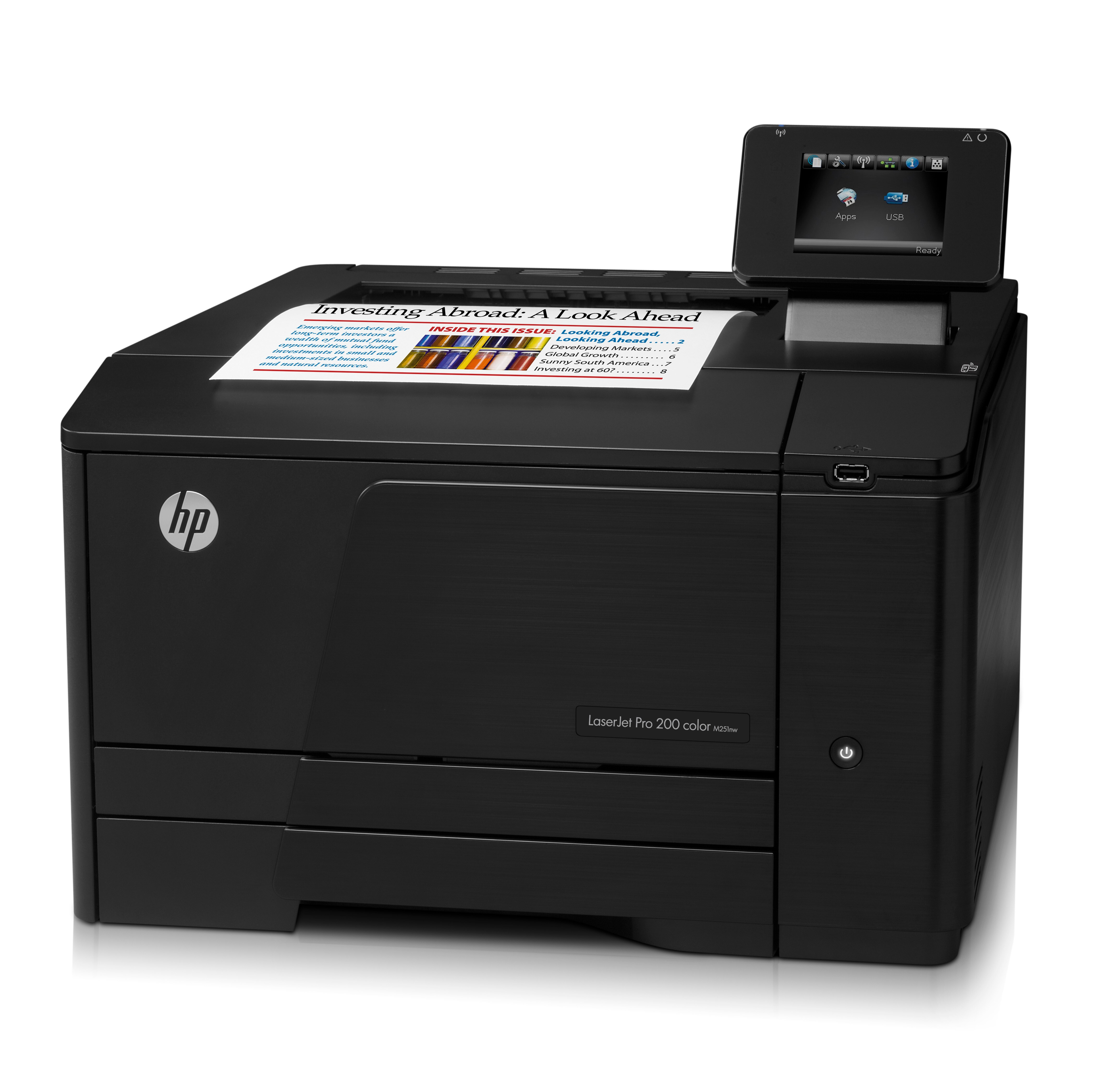Stampante HP nera con schermo. Esce una pagina stampata. Testo: Investing Abroad.
