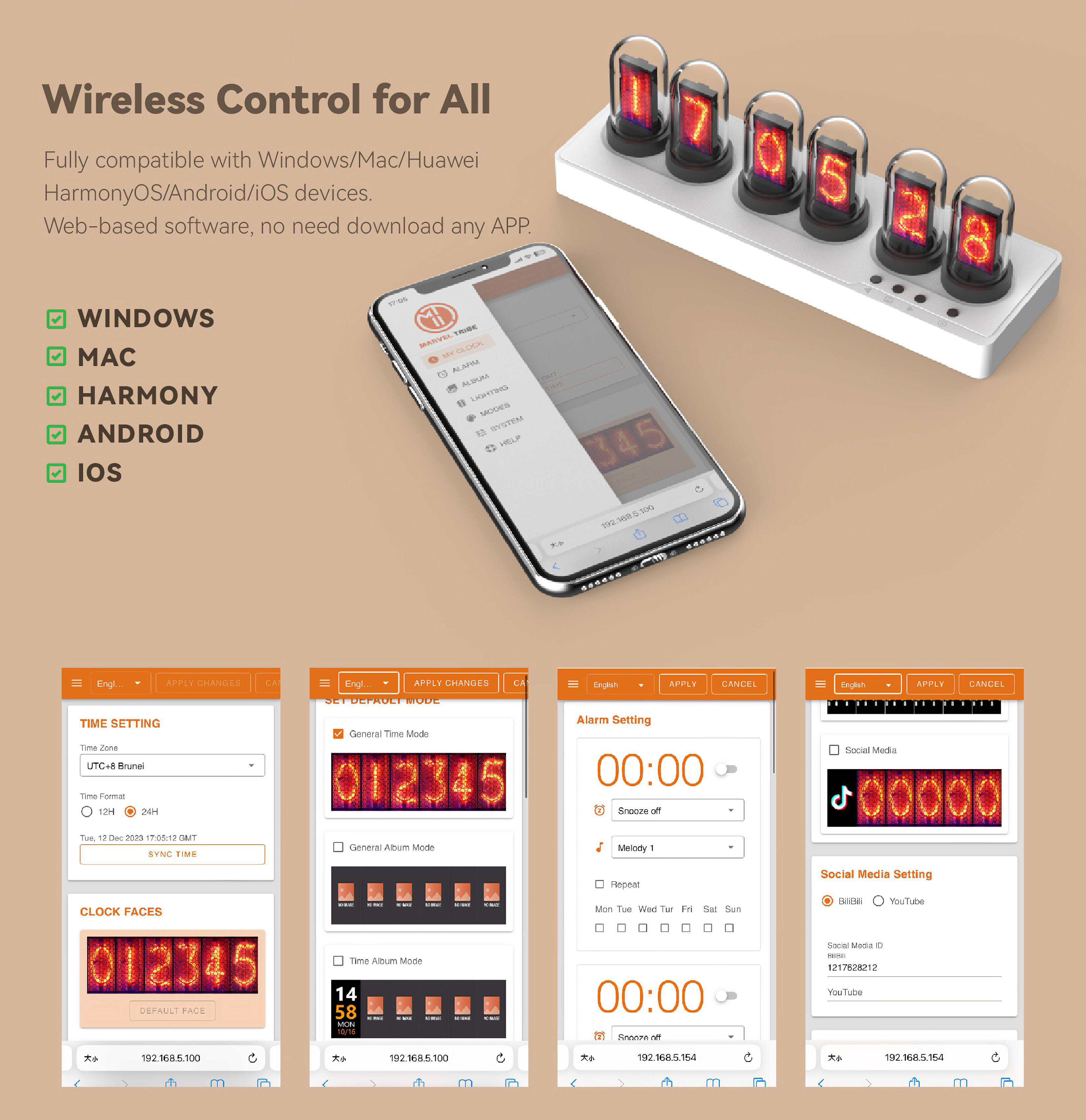 Eine sechsstellige Nixie-Uhr wird drahtlos von einem Smartphone aus gesteuert. Die Uhr ist vollständig mit Geräten kompatibel.
