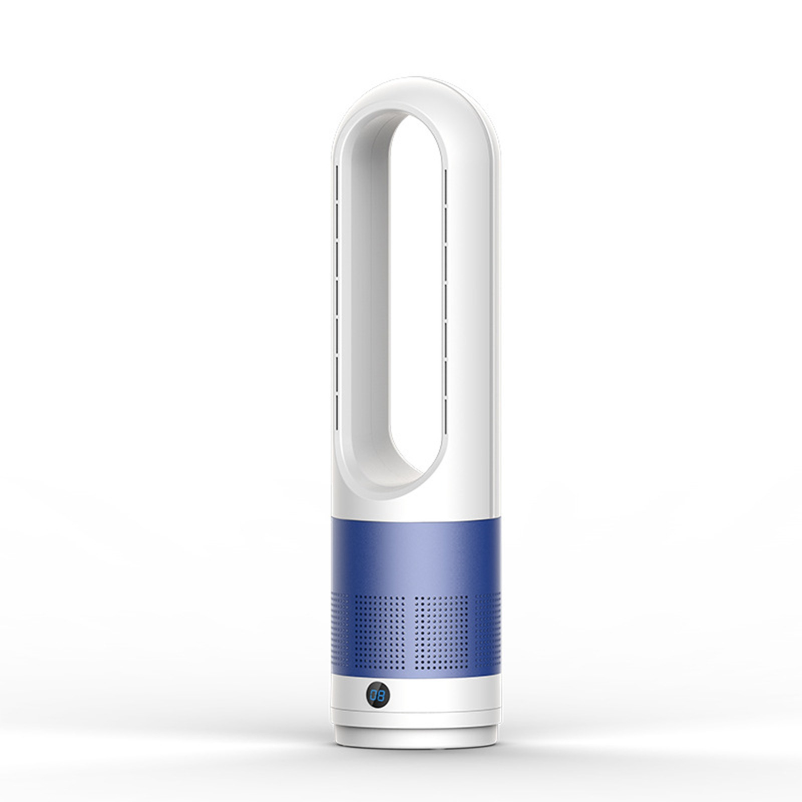 Ein weißer und blauer blattloser Ventilator auf einem weißen Hintergrund. Die Basis ist blau.