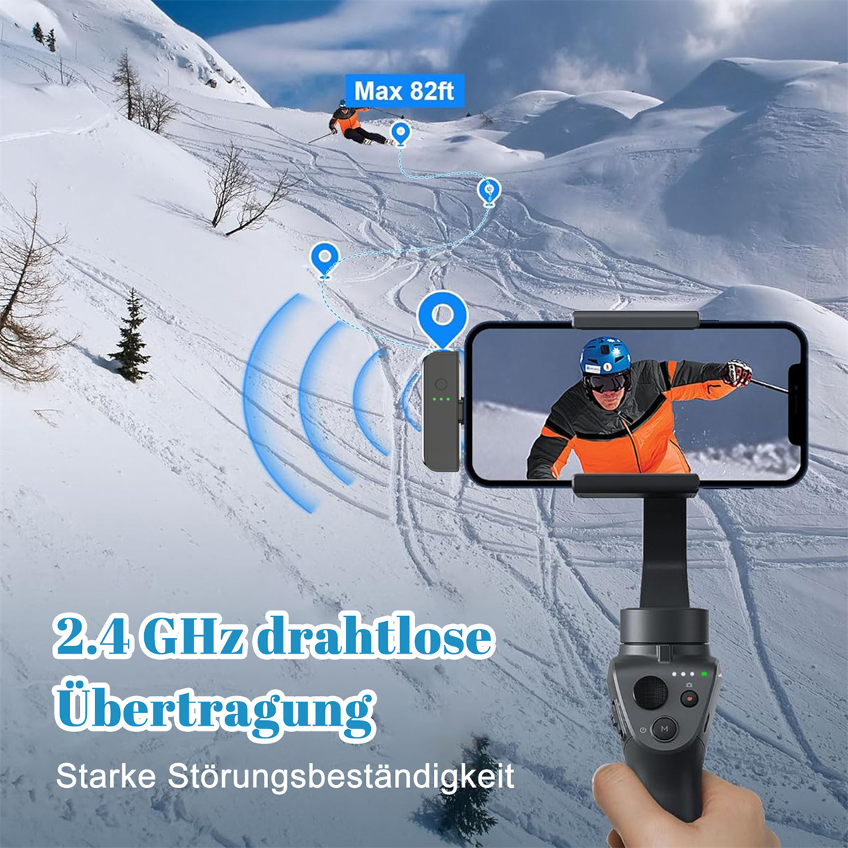 Eine Person, die Ski fährt, wird auf einem Smartphone angezeigt, das an einem Gimbal befestigt ist, mit Schnee im Hintergrund.