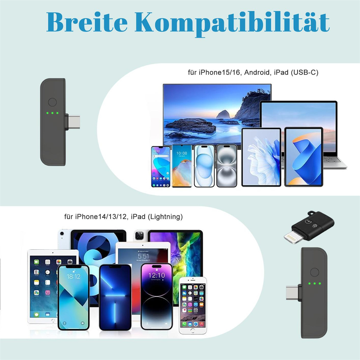Verschiedene Smartphones und Tablets mit Ladeadapter, weißer Hintergrund, mit Texten.