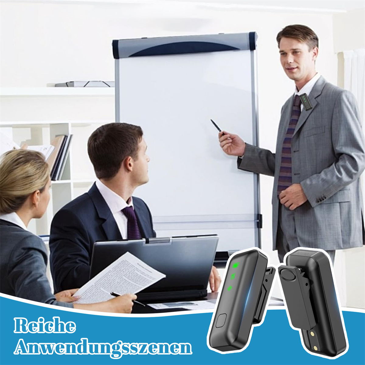 Personen in einer Besprechung verwenden drahtlose Mikrofone, mit einer Tafel im Hintergrund.