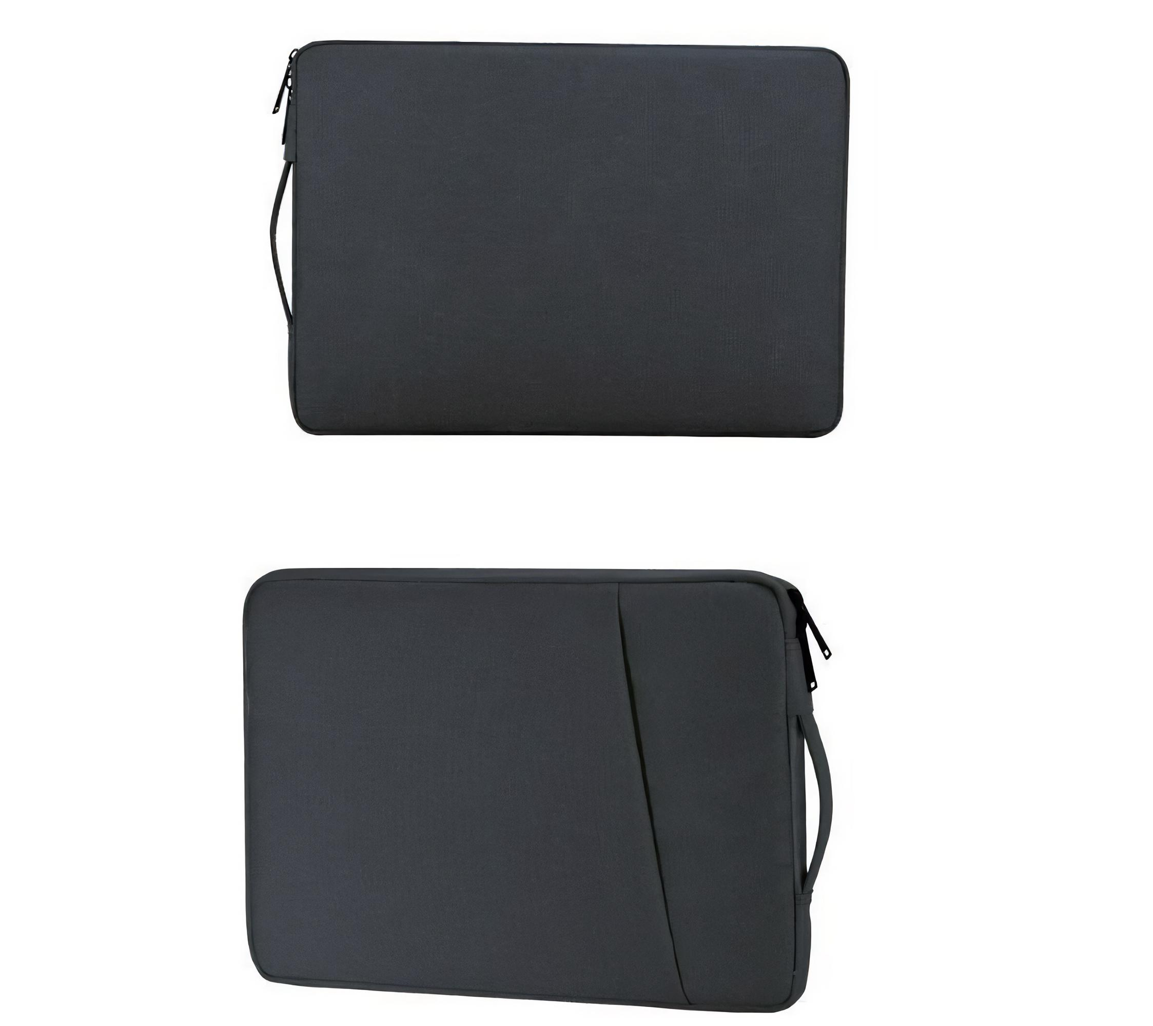 Zwei dunkelgraue Laptop-Hüllen. Eine ist offen, die andere geschlossen. Beide sind rechteckig mit einfachem Design.