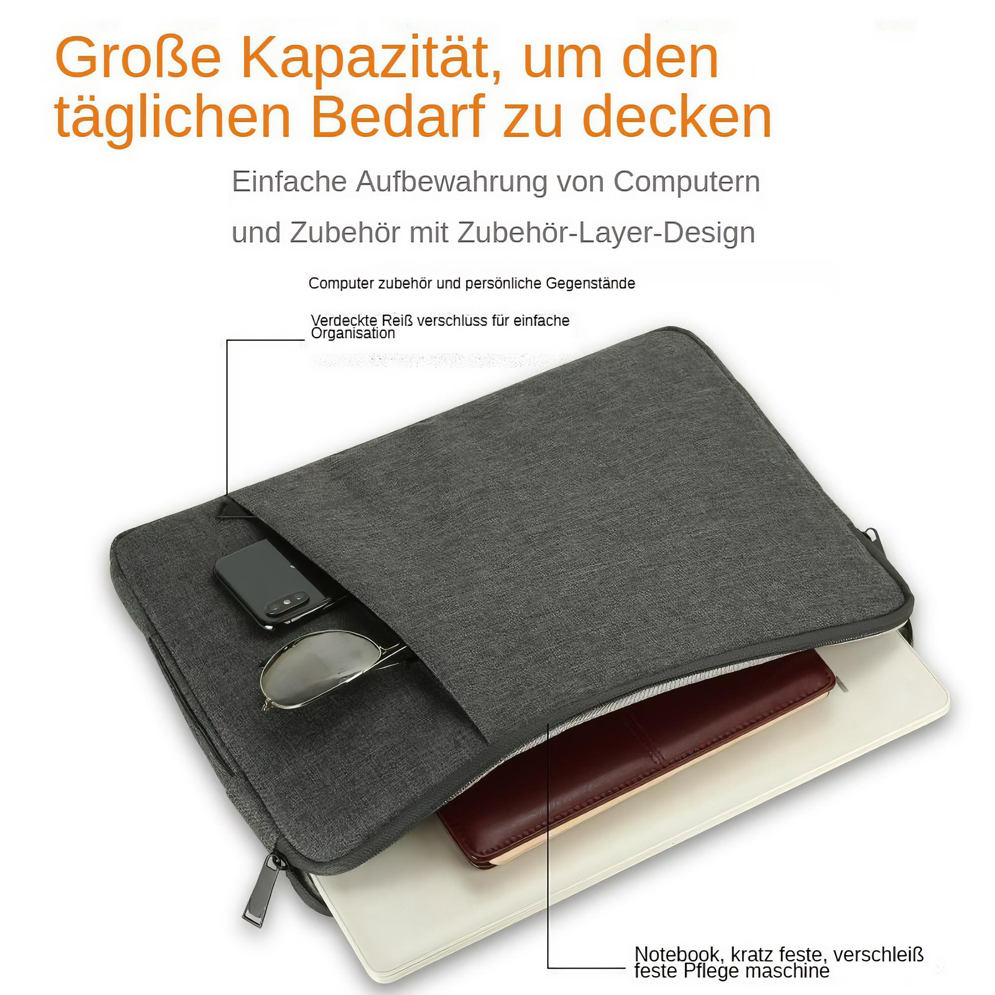 Geöffnete Laptop-Hülle, die einen Laptop, eine Brille, ein Telefon und einen Notizblock zeigt. Die Hülle ist grau und hat einen Reißverschluss.