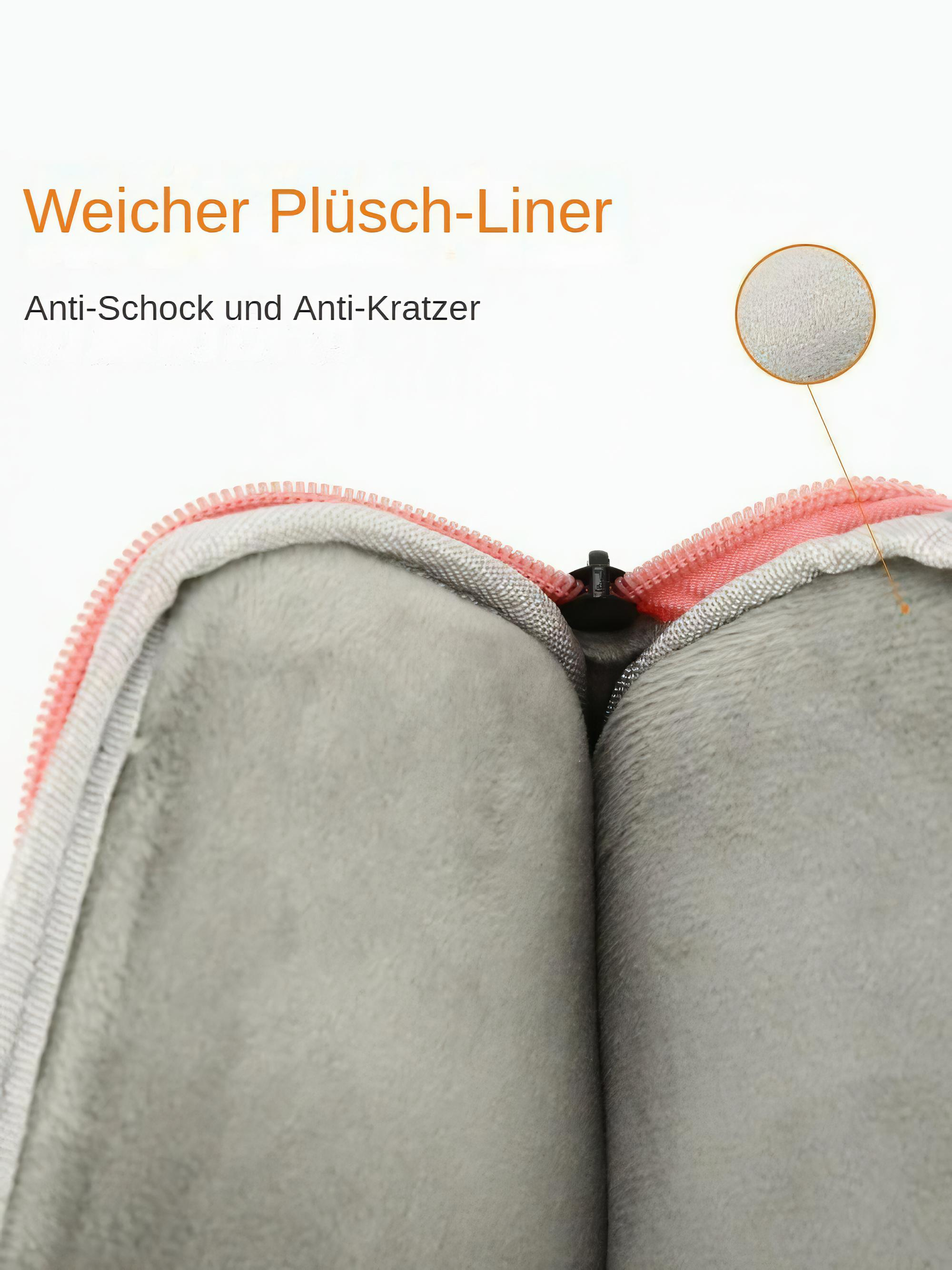 Nahaufnahme des Innenraums einer grauen, weichen und gepolsterten Laptoptasche. Die Hülle ist außen hellrosa, innen grau.