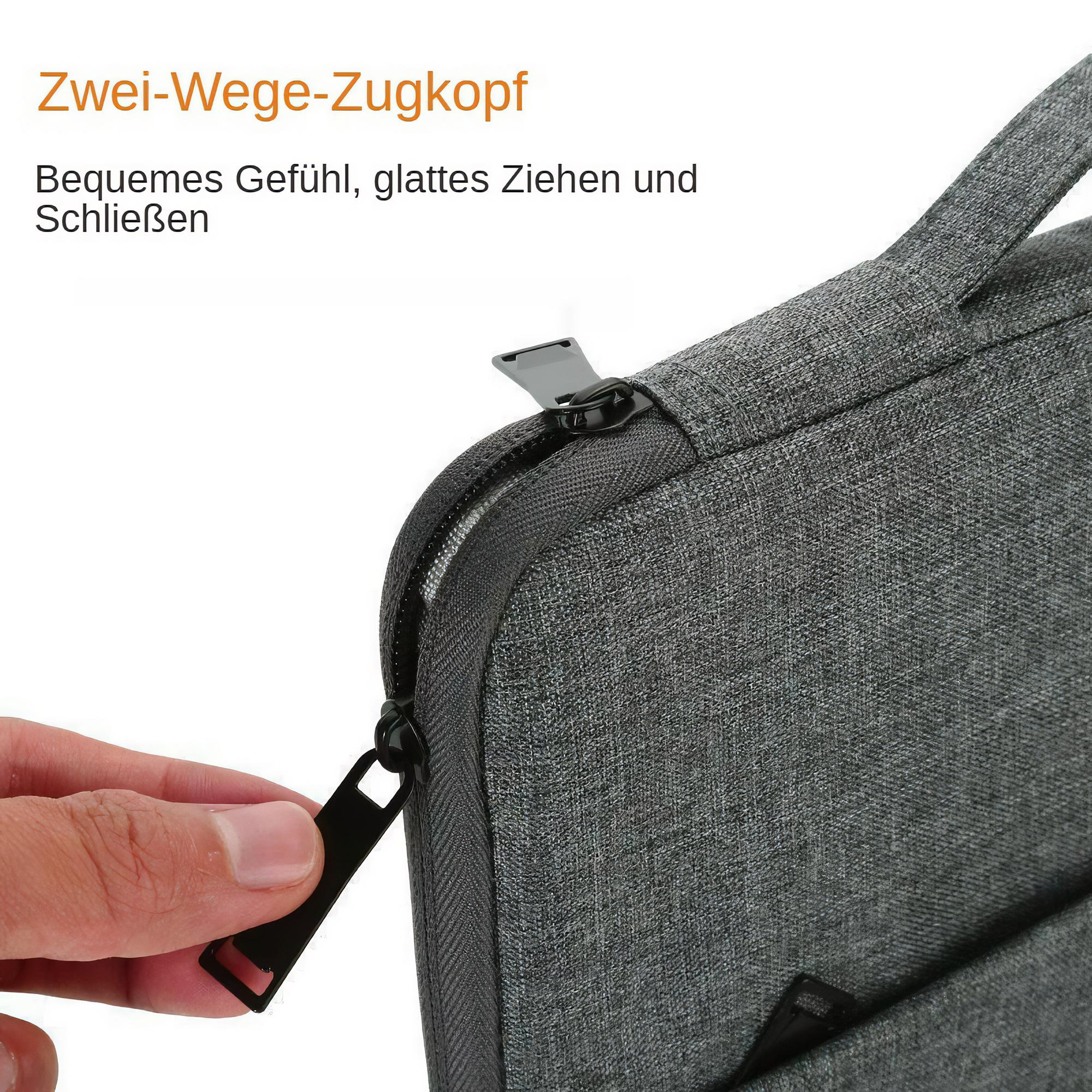 Eine Nahaufnahme zeigt eine Hand, die den Reißverschluss einer grauen Stofftasche zuzieht. Reißverschluss und Tasche sind dunkelgrau.