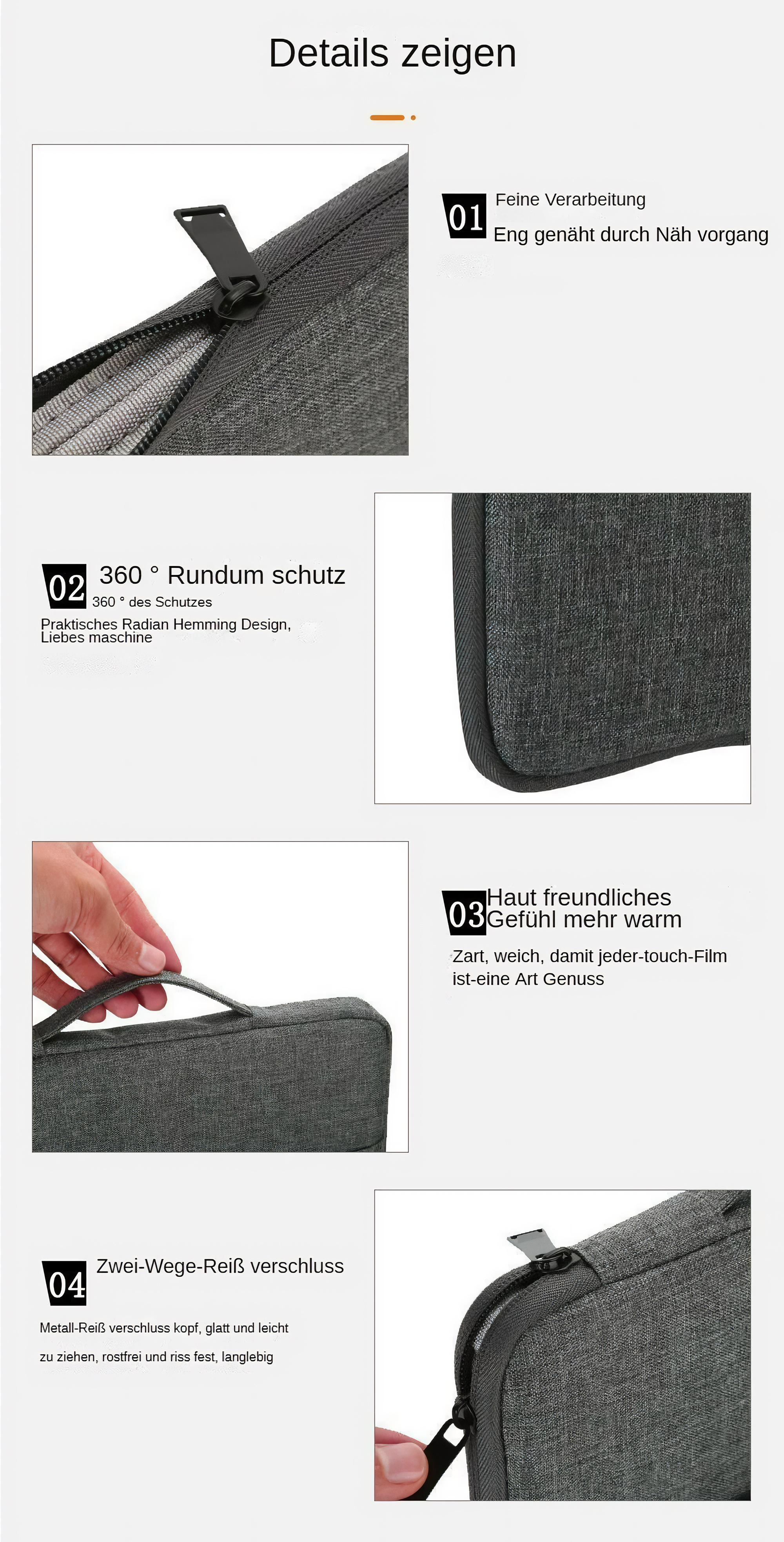 Collage von Bildern, die die Details einer grauen Laptoptasche zeigen, einschließlich Reißverschluss, Nähte und Stoffstruktur.