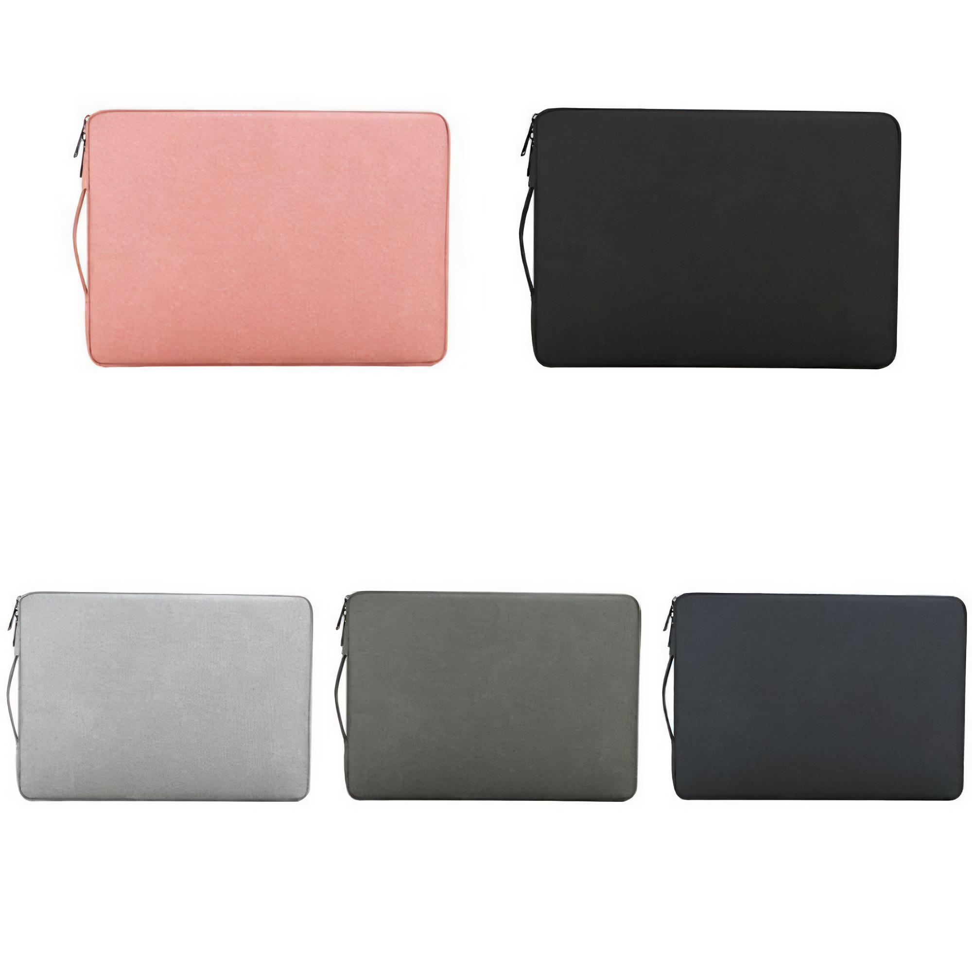 Fünf Laptoptaschen in Rosa, Schwarz, Grau, Dunkelgrau und Marineblau, die in einem 2x3-Raster auf einem weißen Hintergrund angeordnet sind.