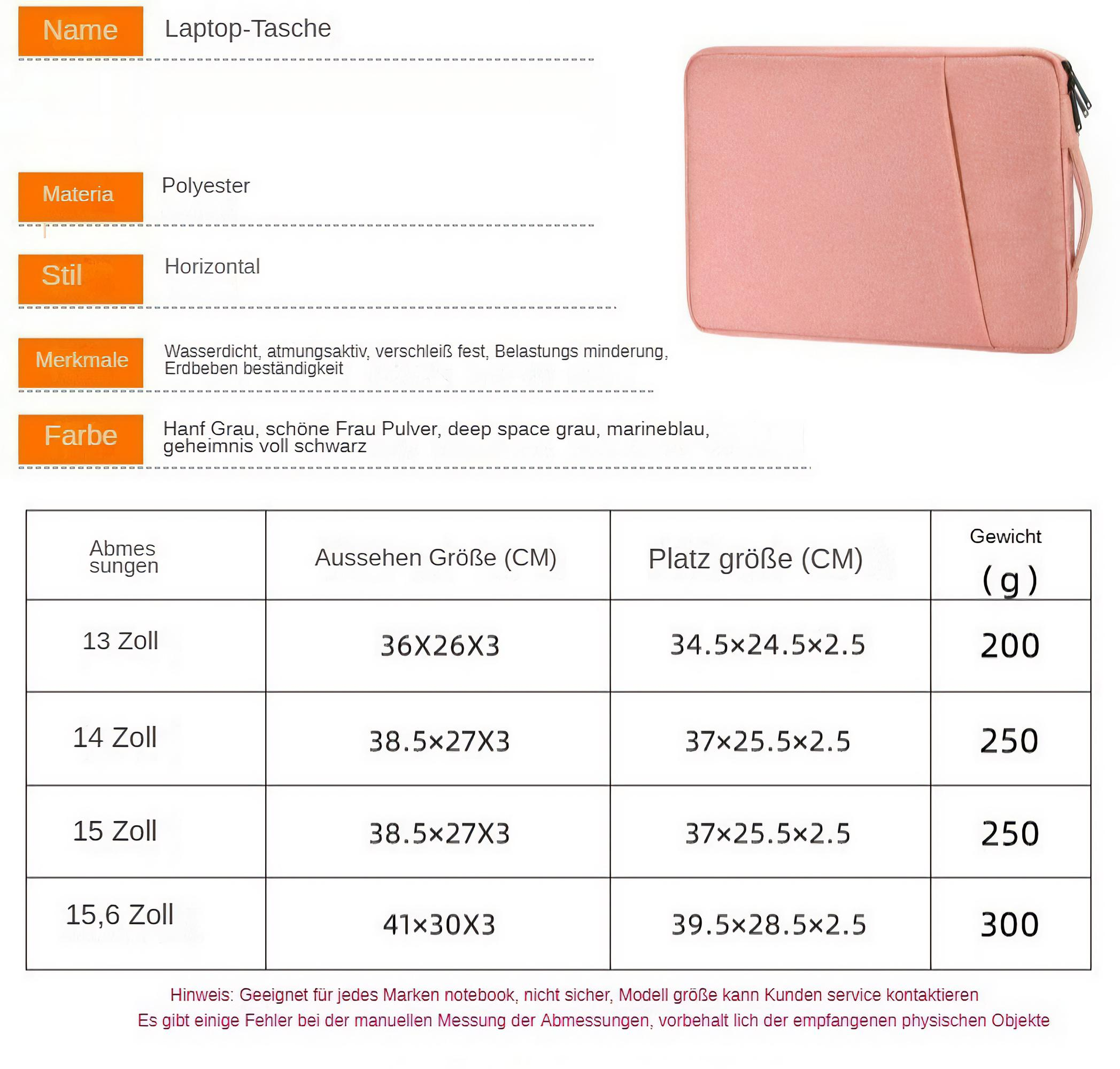 Eine rosa Laptop-Hülle mit einer Seitentasche, neben einer Tabelle mit Größen, Materialien und anderen Spezifikationen.