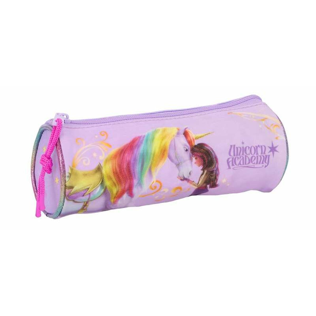 Ein lila Federmäppchen mit einem Einhorn und einem Mädchen darauf. Die Worte 'Unicorn Academy' sind sichtbar.
