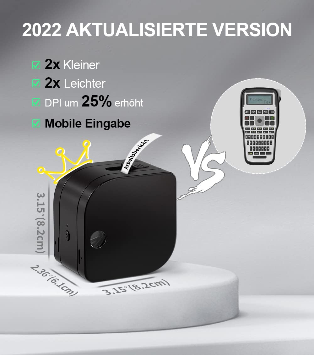 Ein schwarzes Etikettiergerät mit Text und einem Vergleich zu einem älteren Modell. Text auf Deutsch.