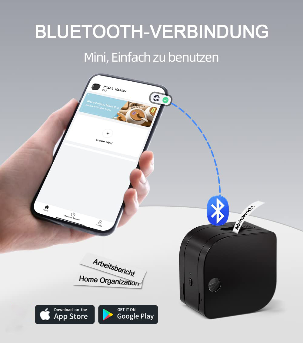Ein Smartphone, das die Etikettendrucker-App anzeigt. Der Etikettendrucker befindet sich rechts, darunter Etiketten.