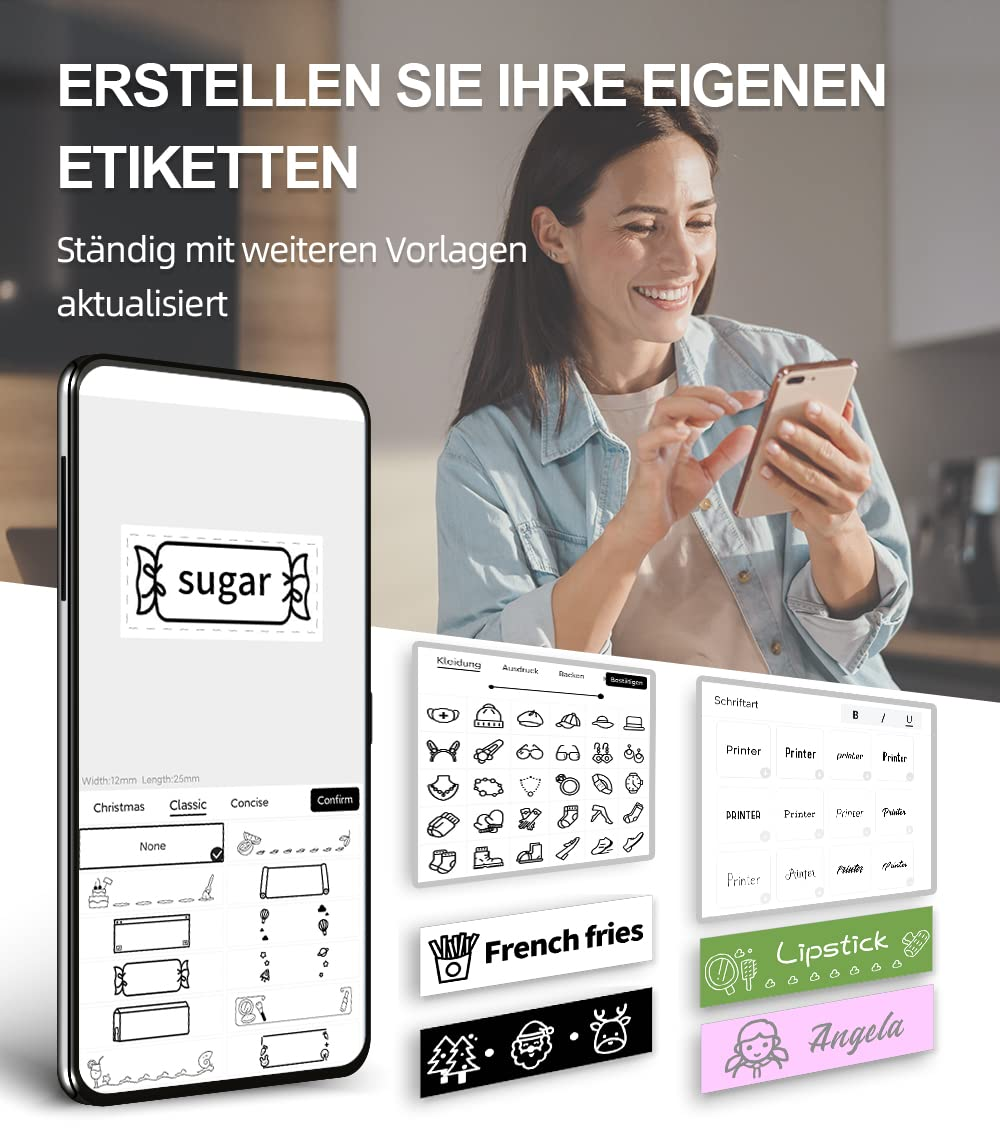 Eine Frau benutzt ein Smartphone, um Etiketten zu gestalten, mit Beispiel-Etikettendesigns auf einem Tisch.